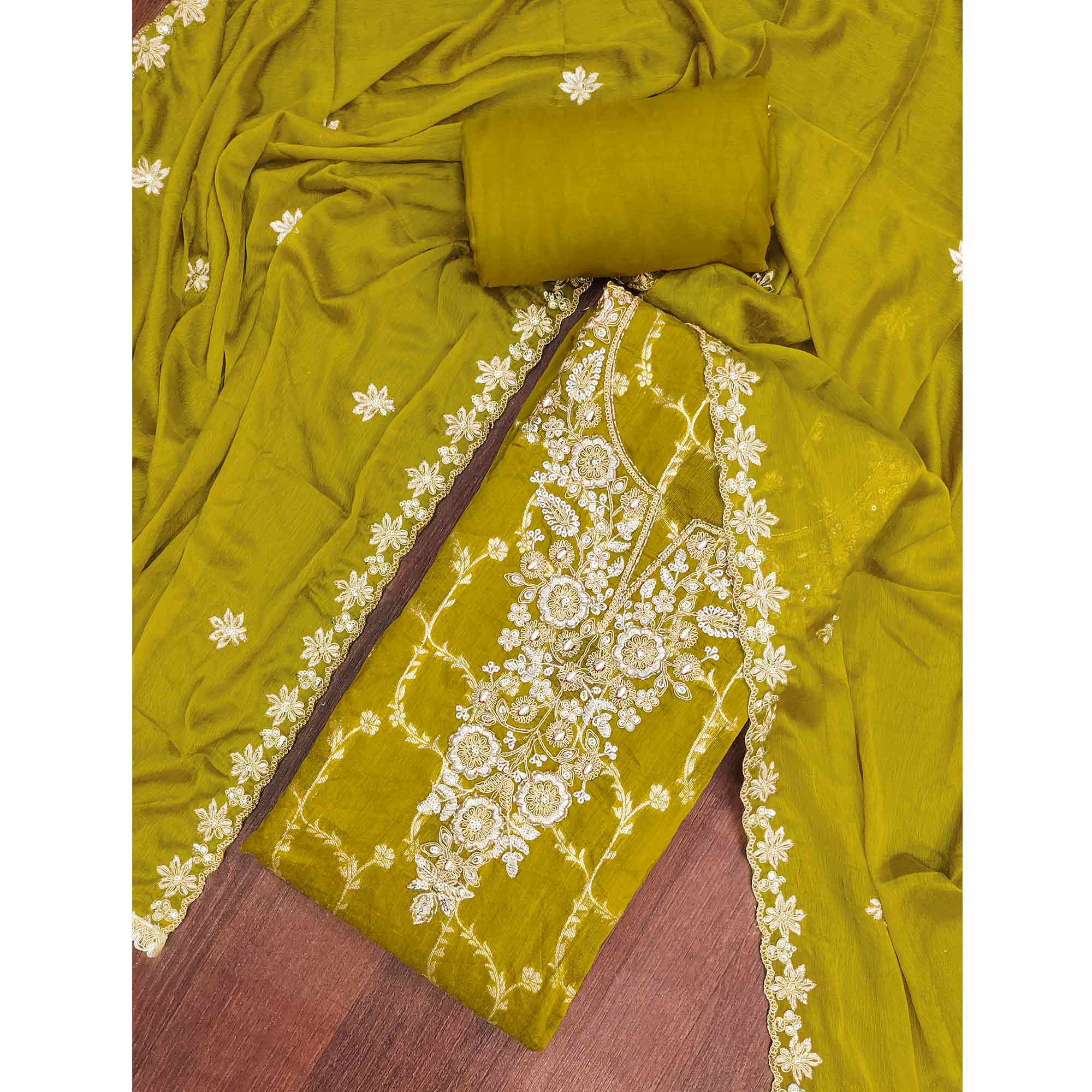 Luxury Green Floral Weaving Banarasi Silk Dress Material With Fine Sequins Cording Hand Embroidery
