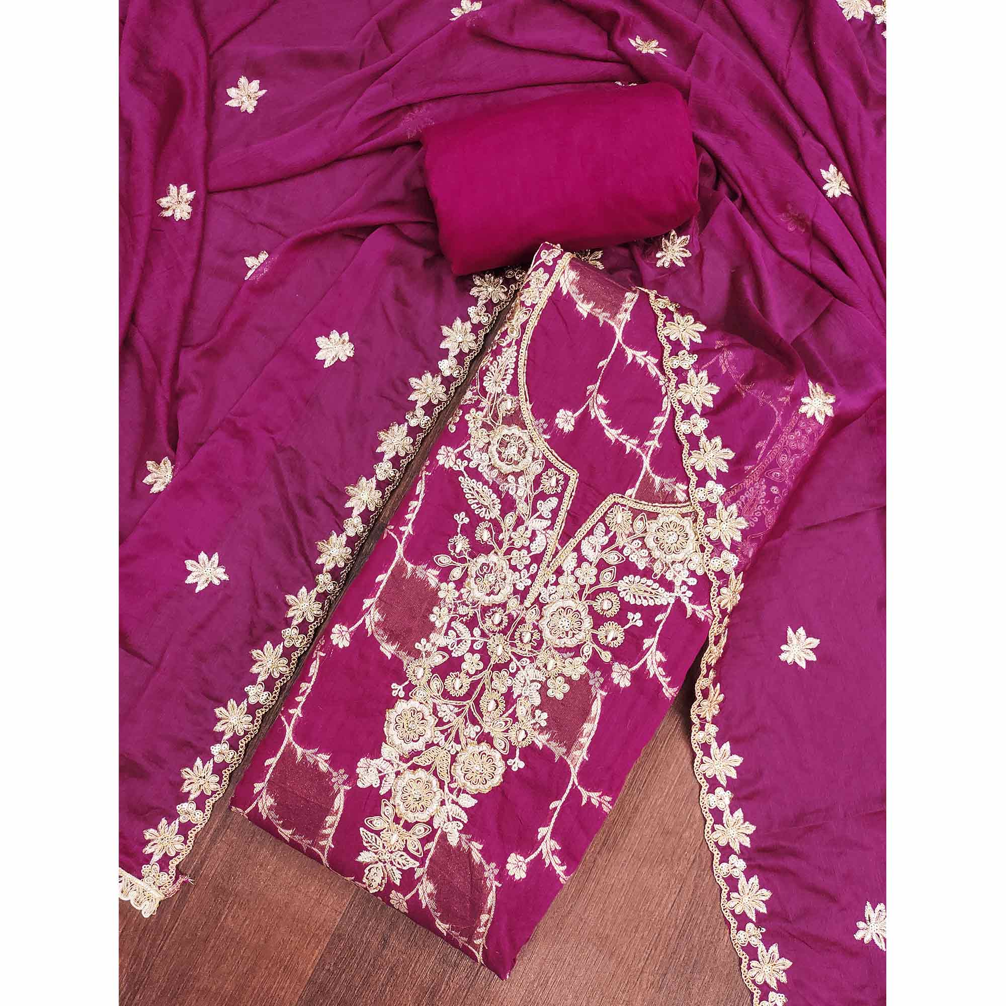 Luxury Magenta Floral Weaving Banarasi Silk Dress Material With Sequins Cording Hand Embroidery