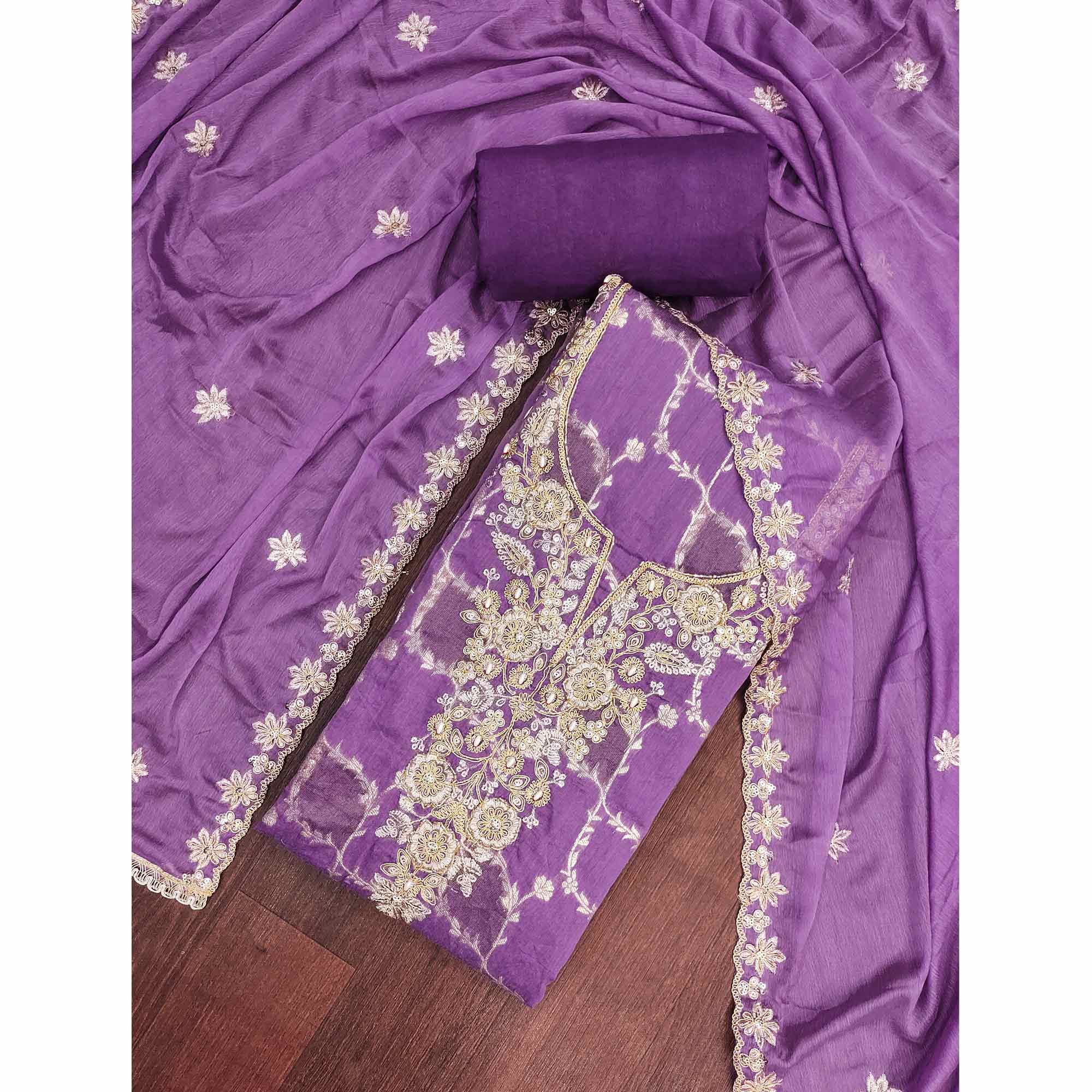 Luxury Purple Floral Weaving Banarasi Silk Dress Material With Fine Sequins Cording Hand Embroidery