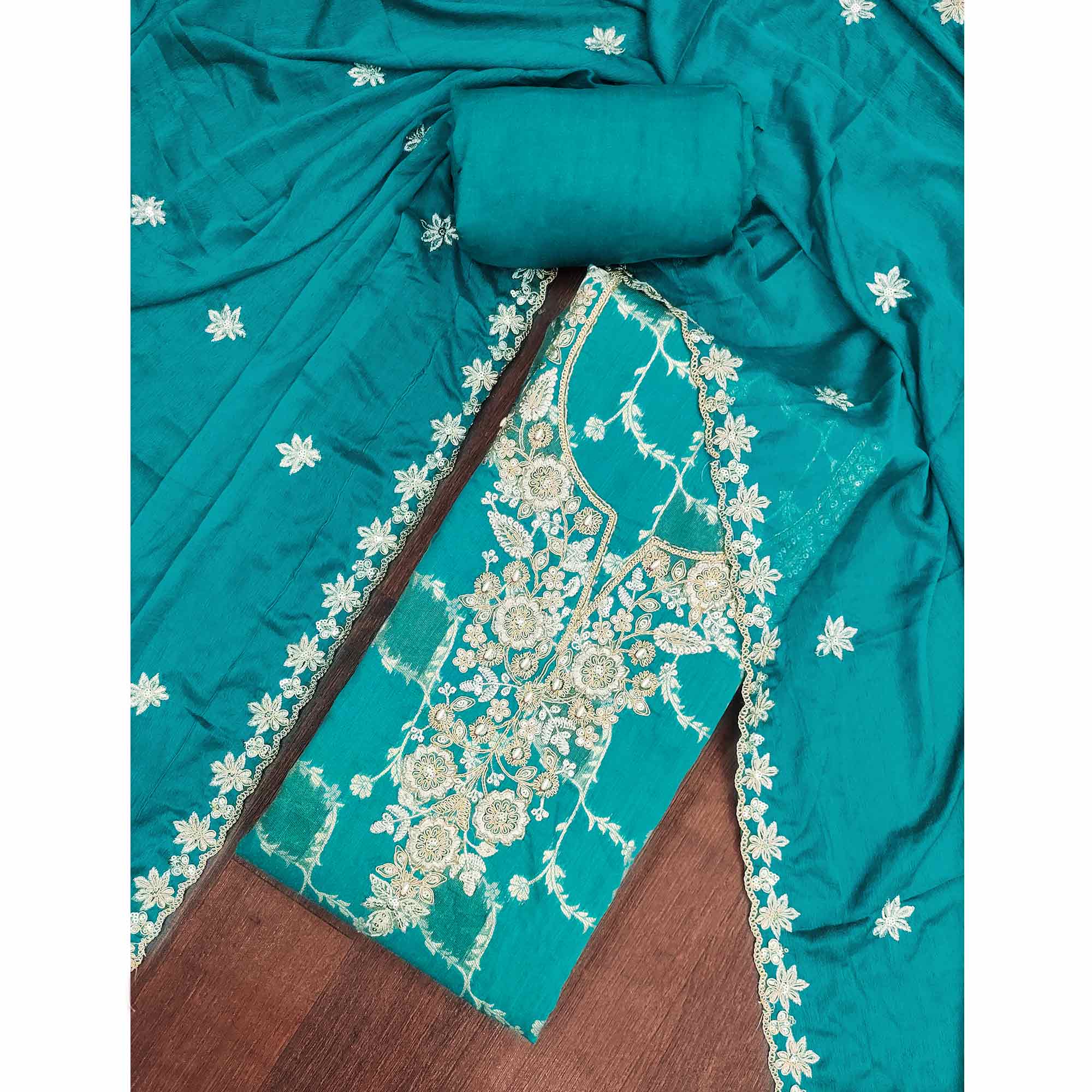 Luxury Rama Blue Floral Weaving Banarasi Silk Dress Material With Sequins Cording Hand Embroidery