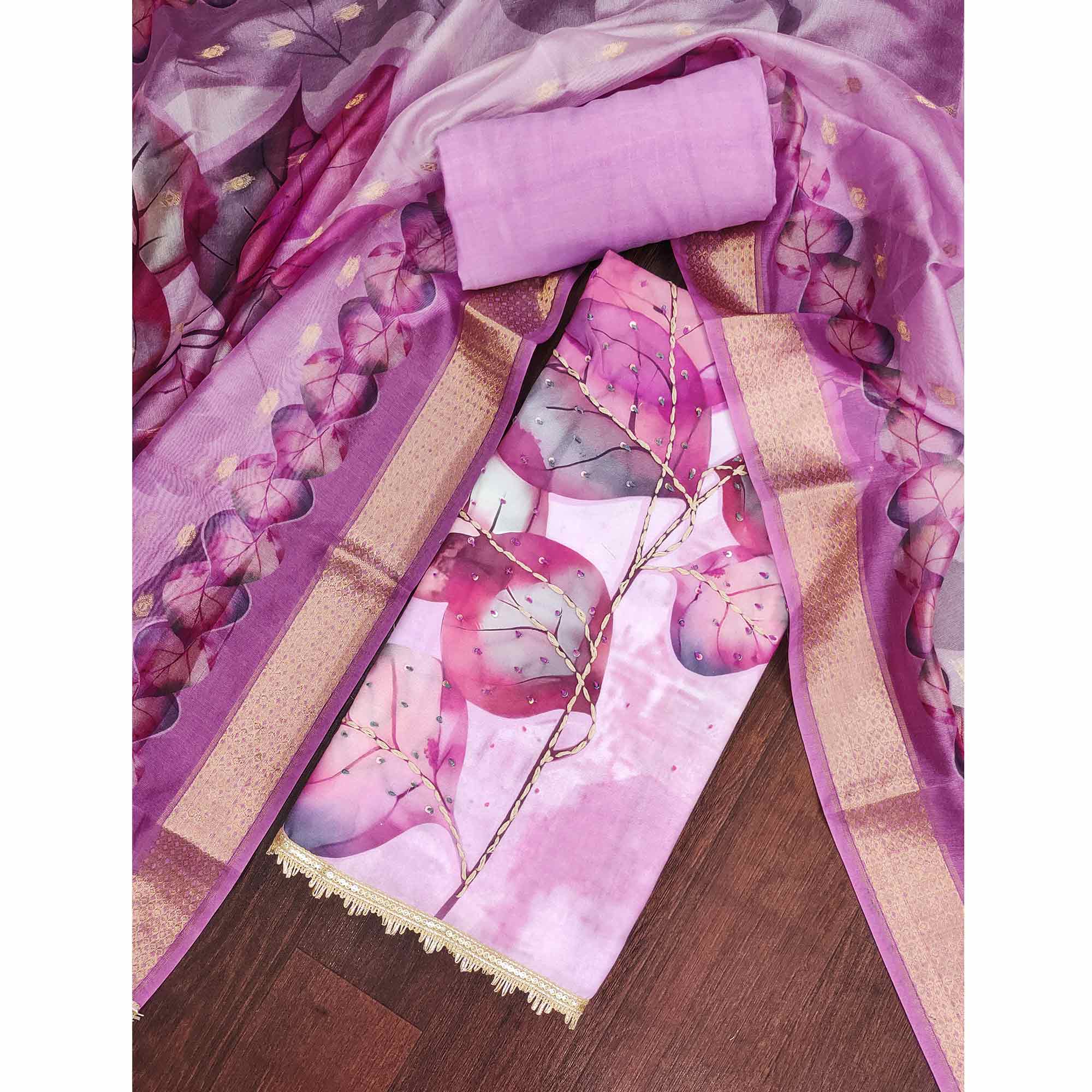 Fresh Lavender Leaf Digital Printed Rayon Dress Material With Sequins & Delicate Handwork