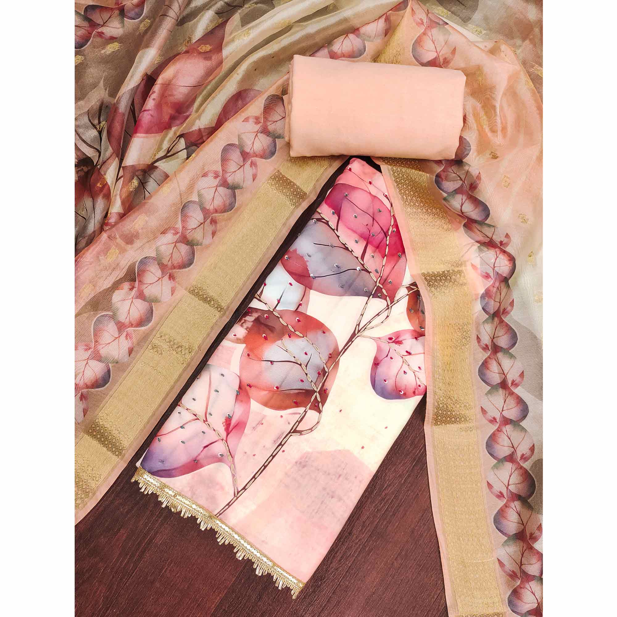 Fresh Peach Leaf Digital Printed Rayon Dress Material With Sequins & Delicate Handwork
