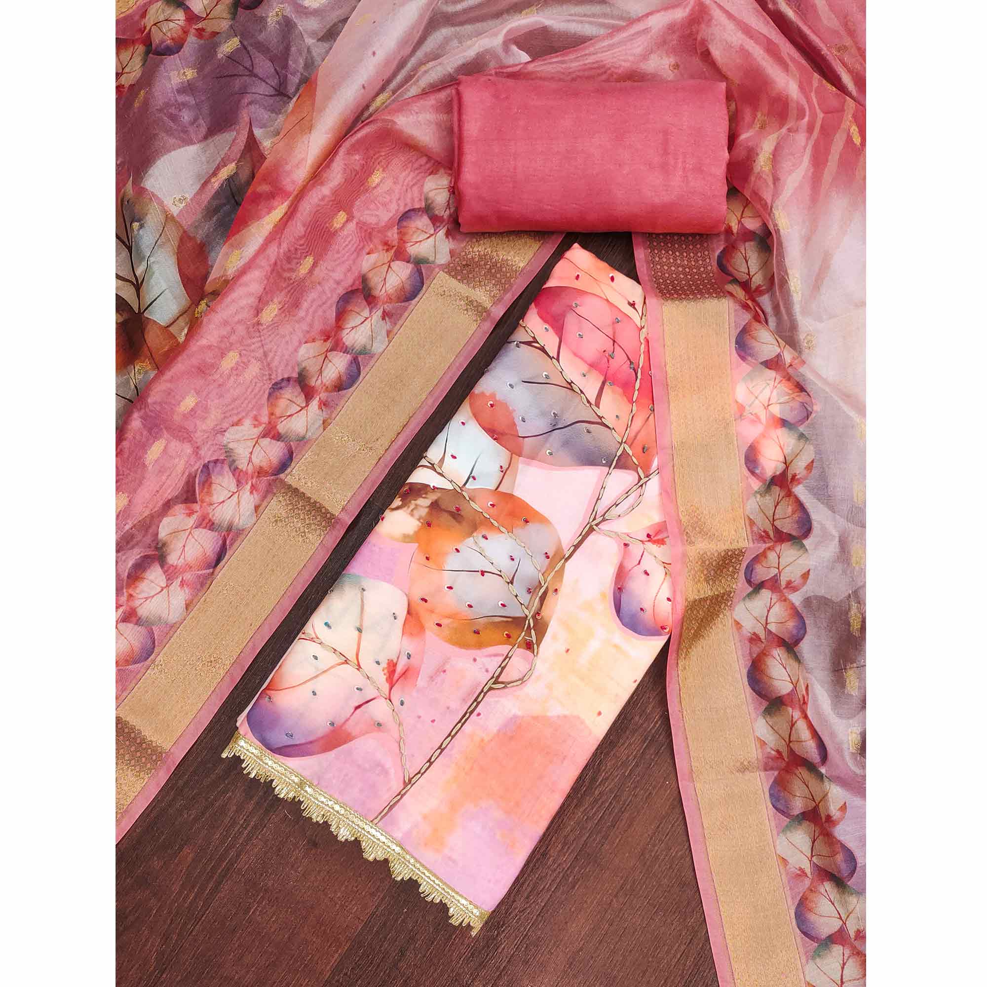 Fresh Pink Leaf Digital Printed Rayon Dress Material With Sequins & Delicate Handwork