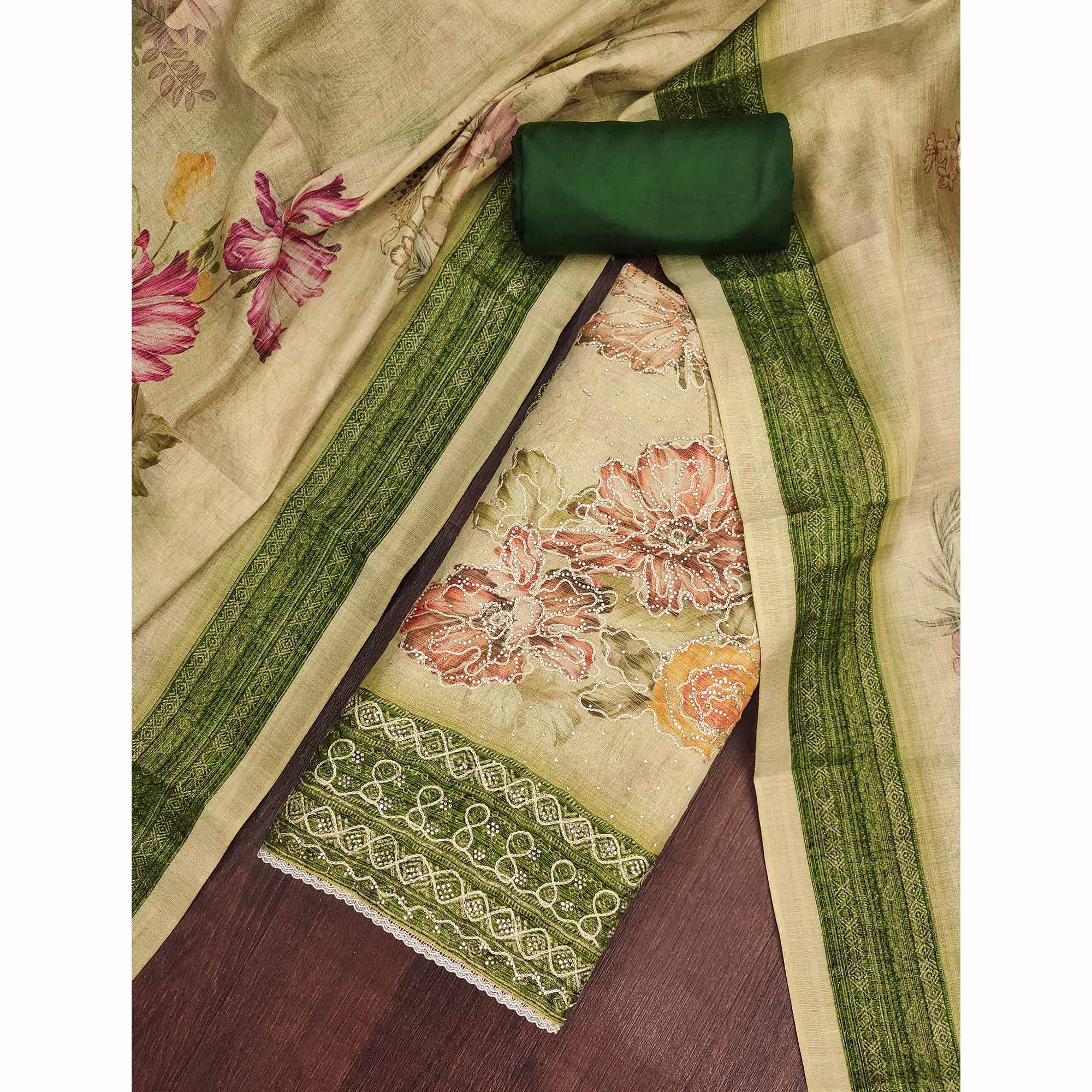 Sophisticated Green Floral Digital Print With Swarovski Work Shimmer Dress Material