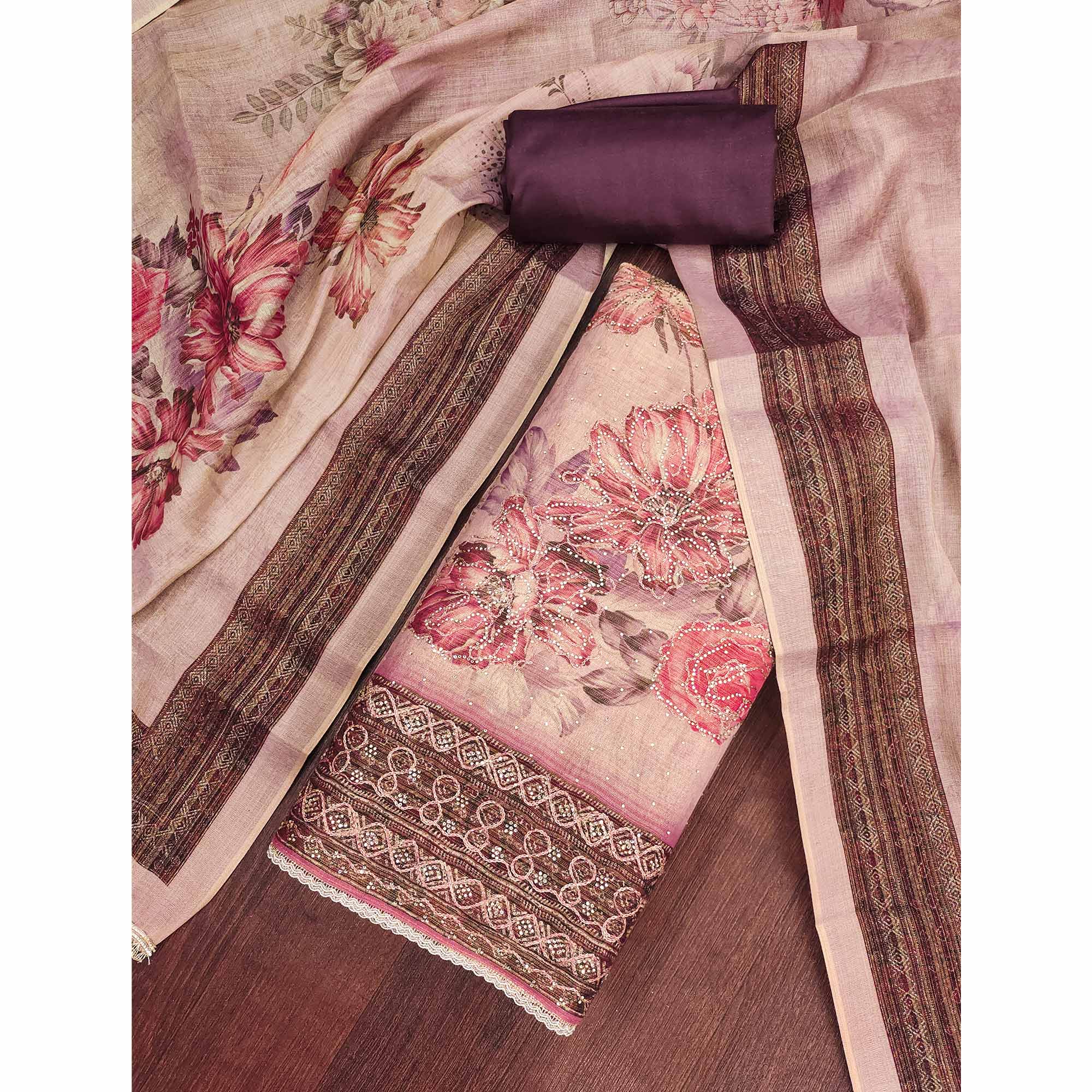 Sophisticated light purple Floral Digital Print With Swarovski Work Shimmer Dress Material