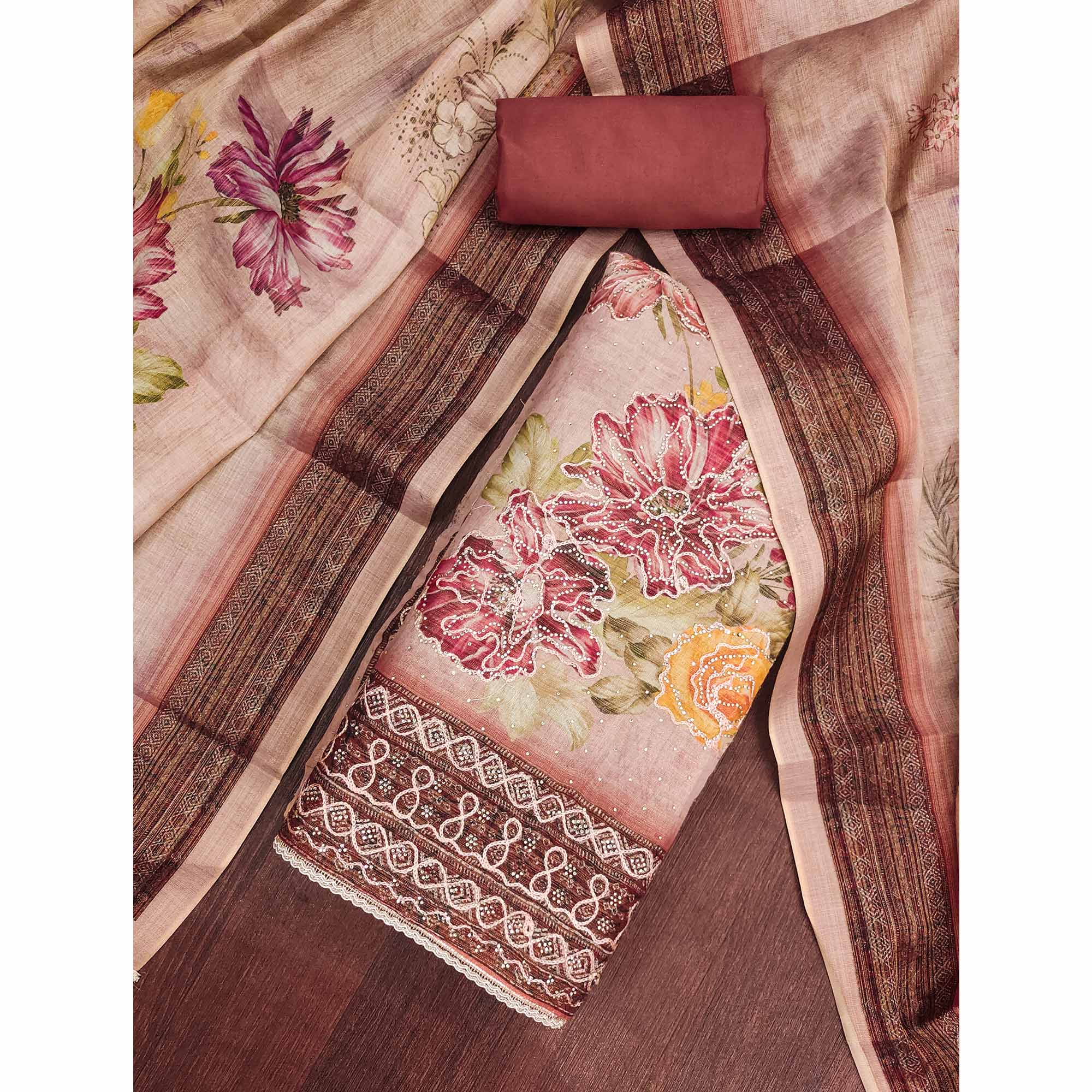 Sophisticated Peach Floral Digital Print With Swarovski Work Shimmer Dress Material