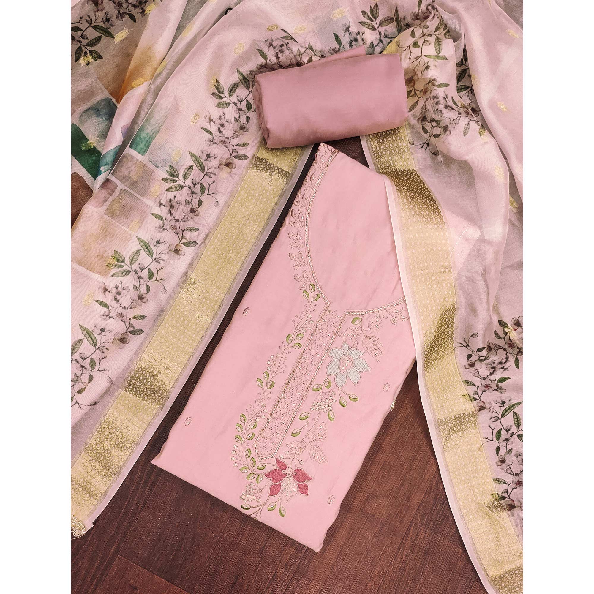 Charming Peach Floral Thread Embroidered With Artful Handwork Cotton Silk Dress Material