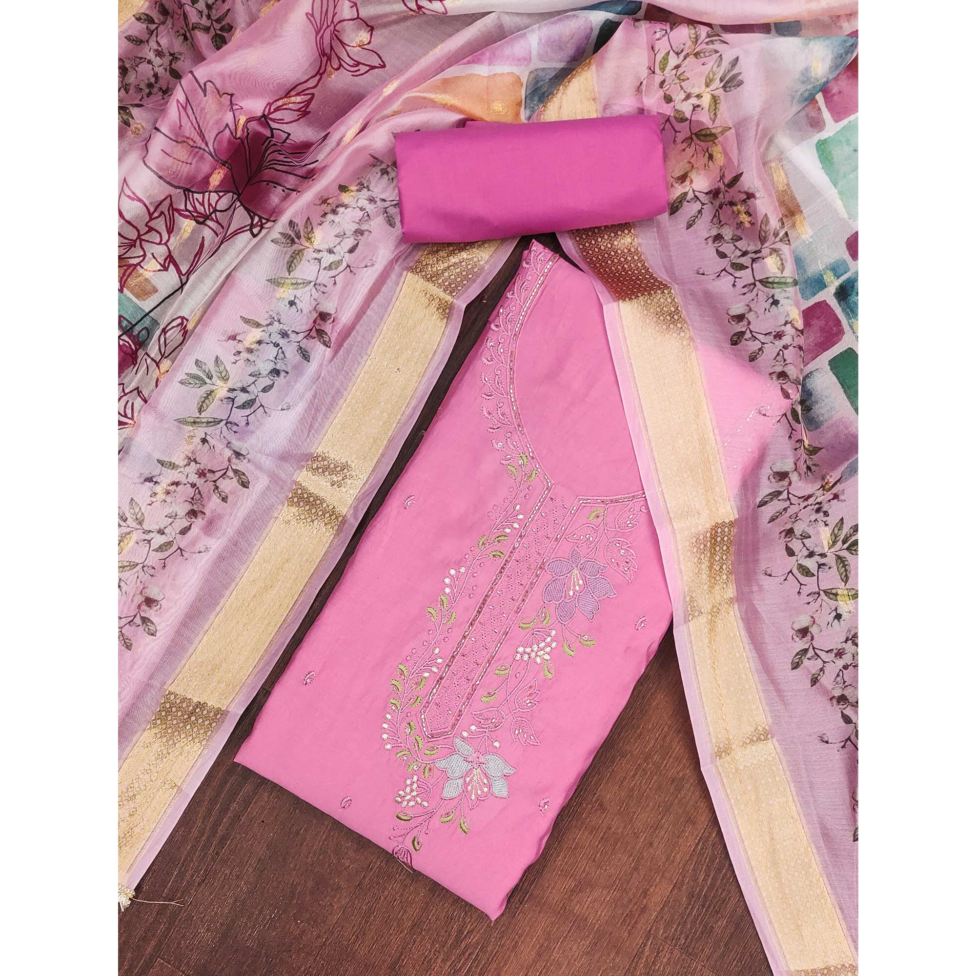 Charming Pink Floral Thread Embroidered With Artful Handwork Cotton Silk Dress Material