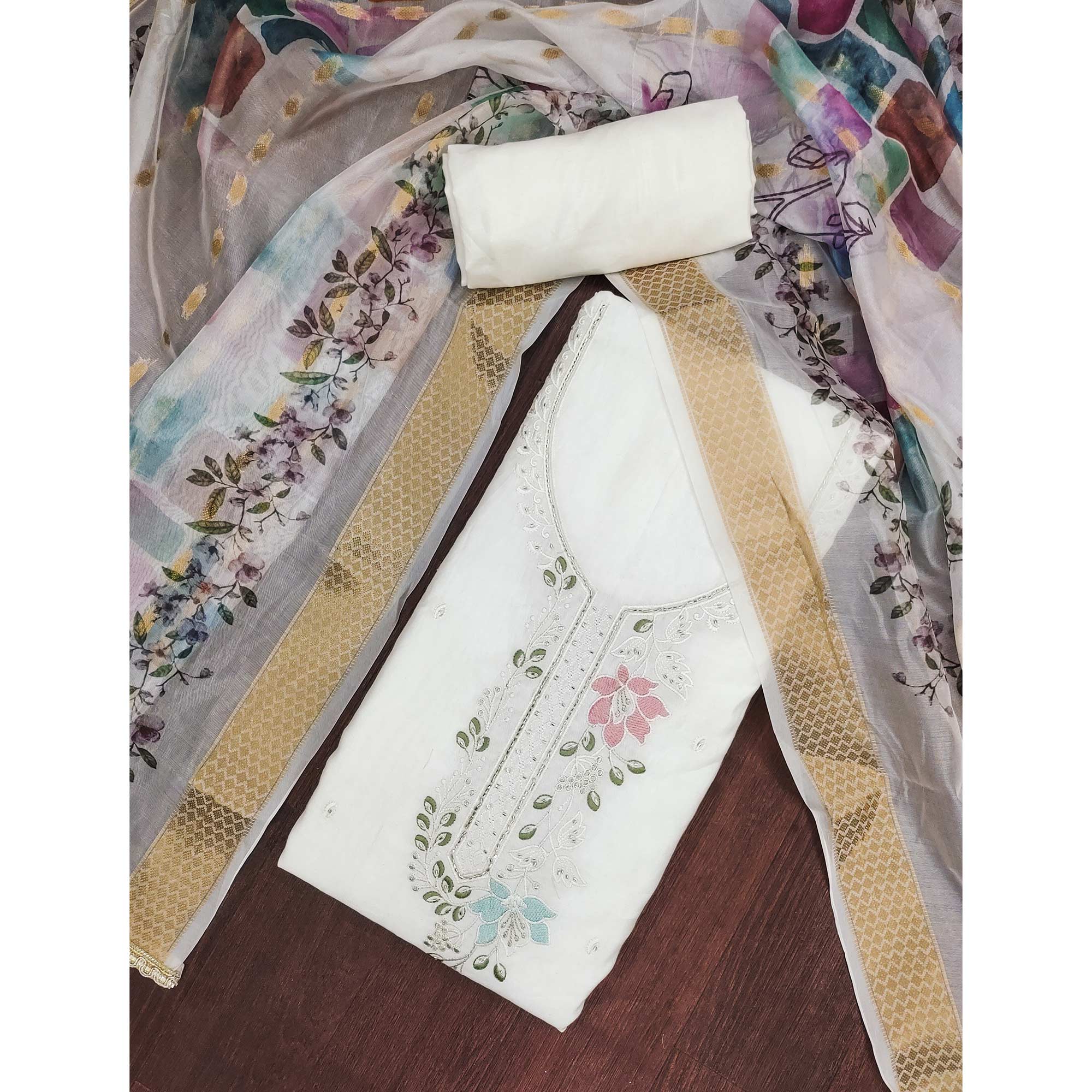Charming White Floral Thread Embroidered With Artful Handwork Cotton Silk Dress Material