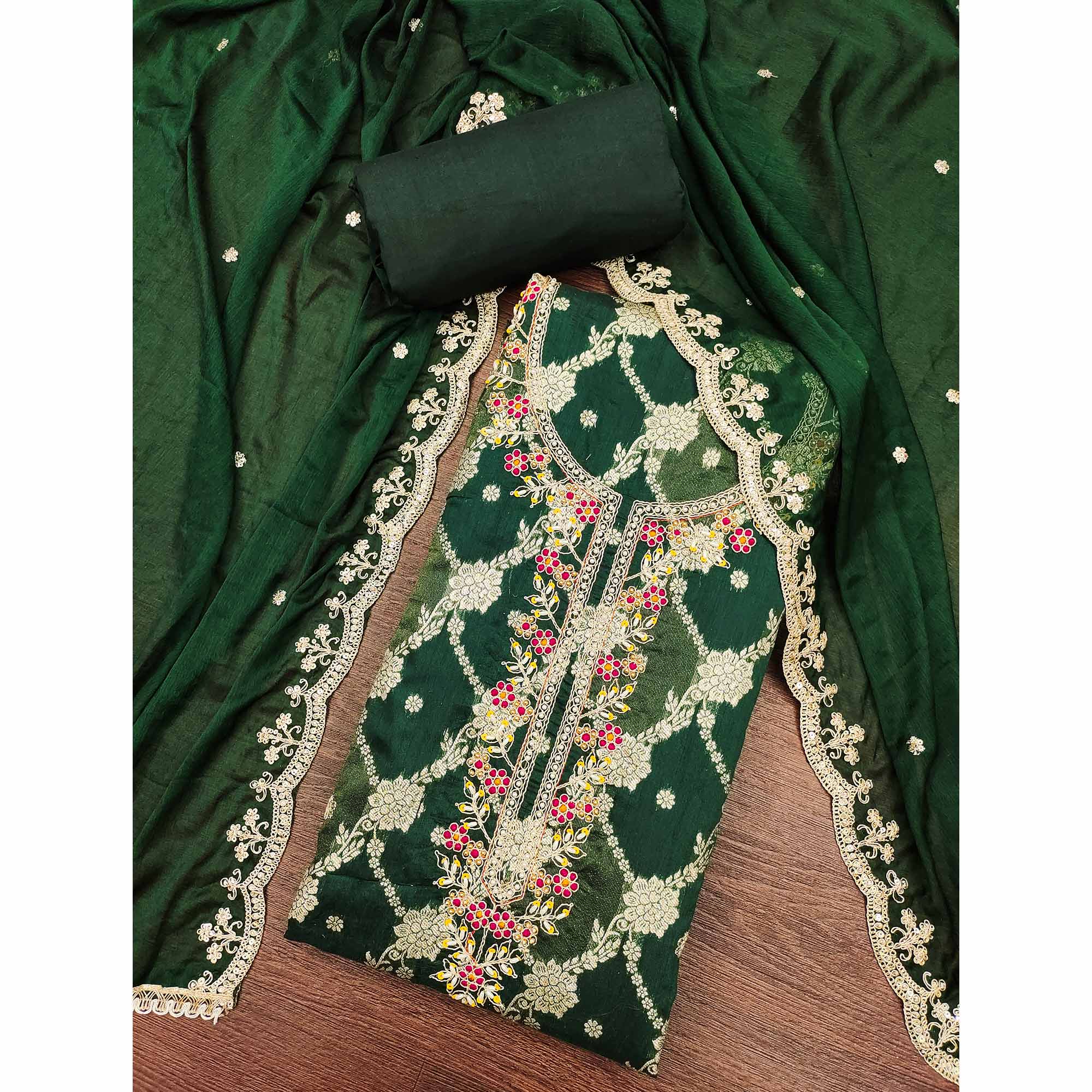 Opulent Green Floral Woven Banarasi Silk Dress Material With Detailed Handwork & Sequin Embroidery