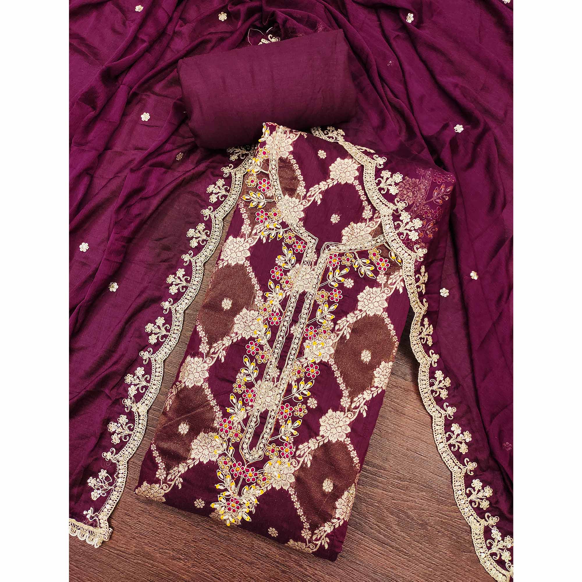 Opulent Wine Floral Woven Banarasi Silk Dress Material With Detailed Handwork & Sequin Embroidery