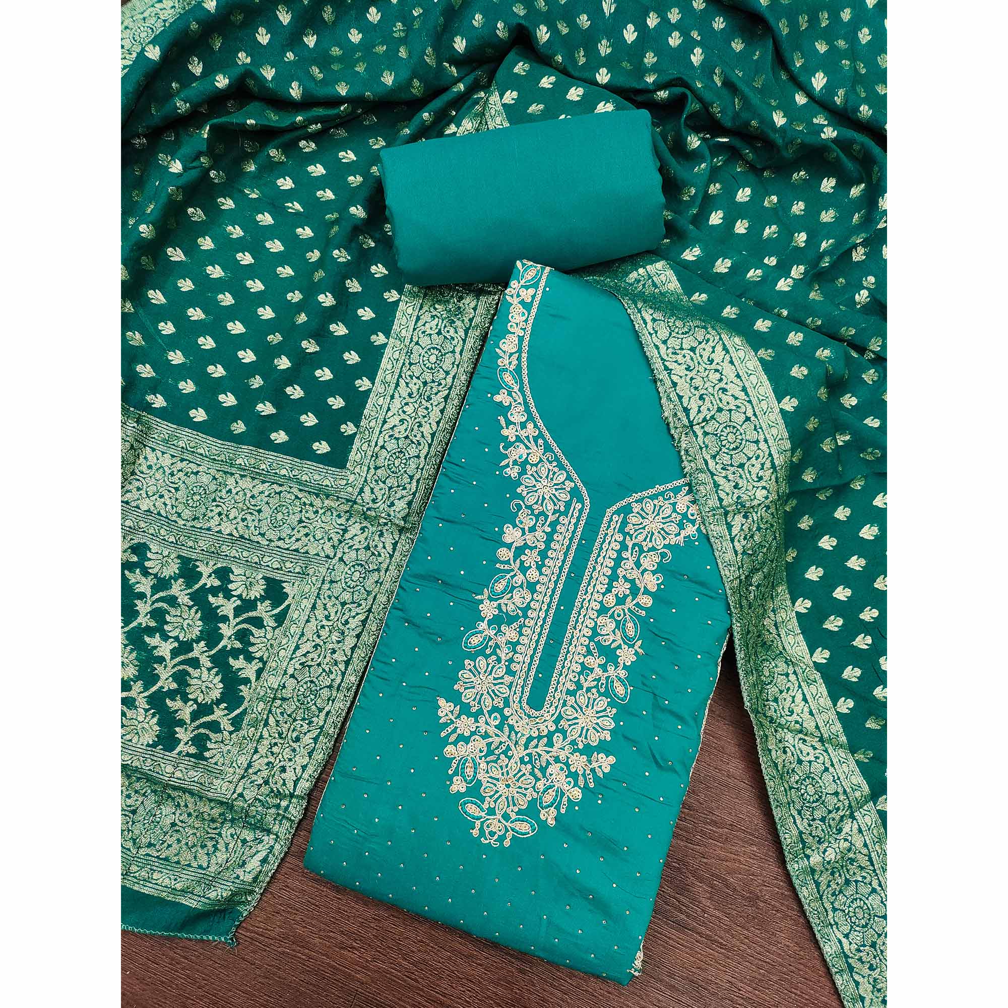 Luxury Rama Blue Floral Embroidered Cotton Silk Dress Material Enhanced With Swarovski Work