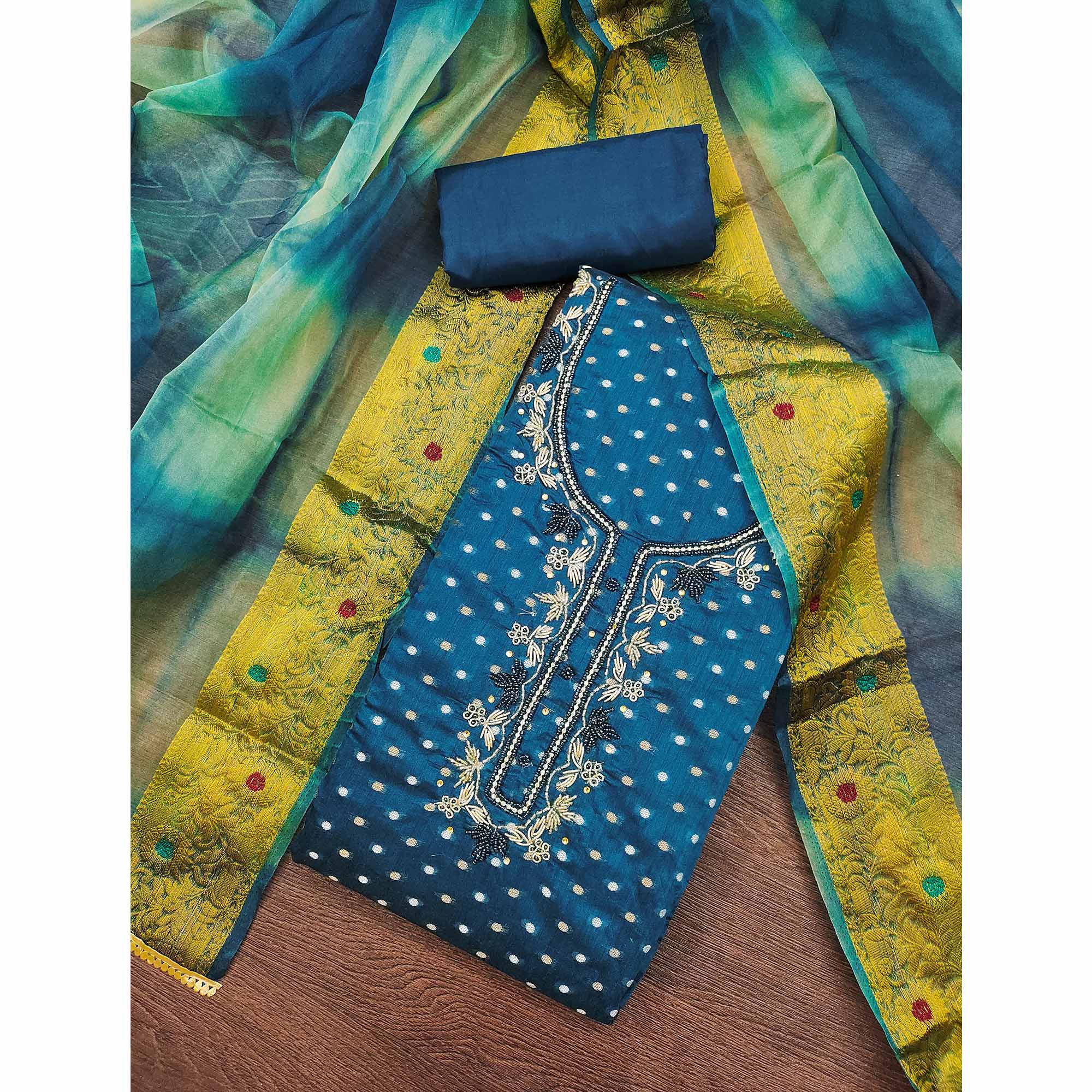 Premium Blue Woven Chanderi Silk Dress Material Highlighted with Beads & Moti Work