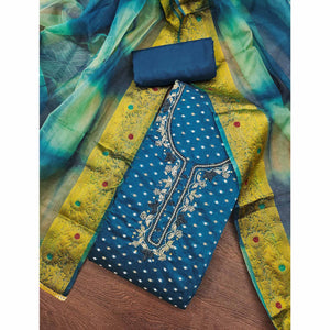 Premium Blue Woven Chanderi Silk Dress Material Highlighted with Beads & Moti Work
