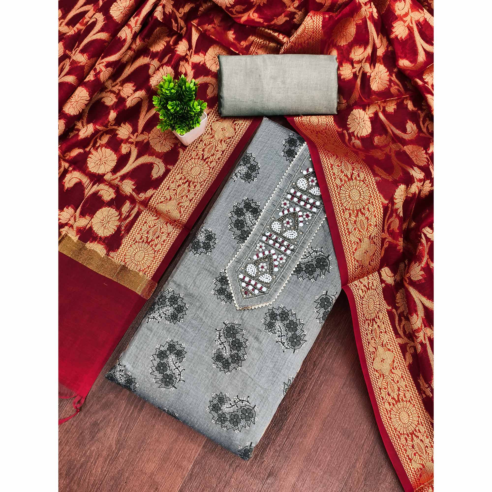 Timeless Grey Floral Printed Chanderi Silk Dress Material Enhanced With Intricate Moti Handwork