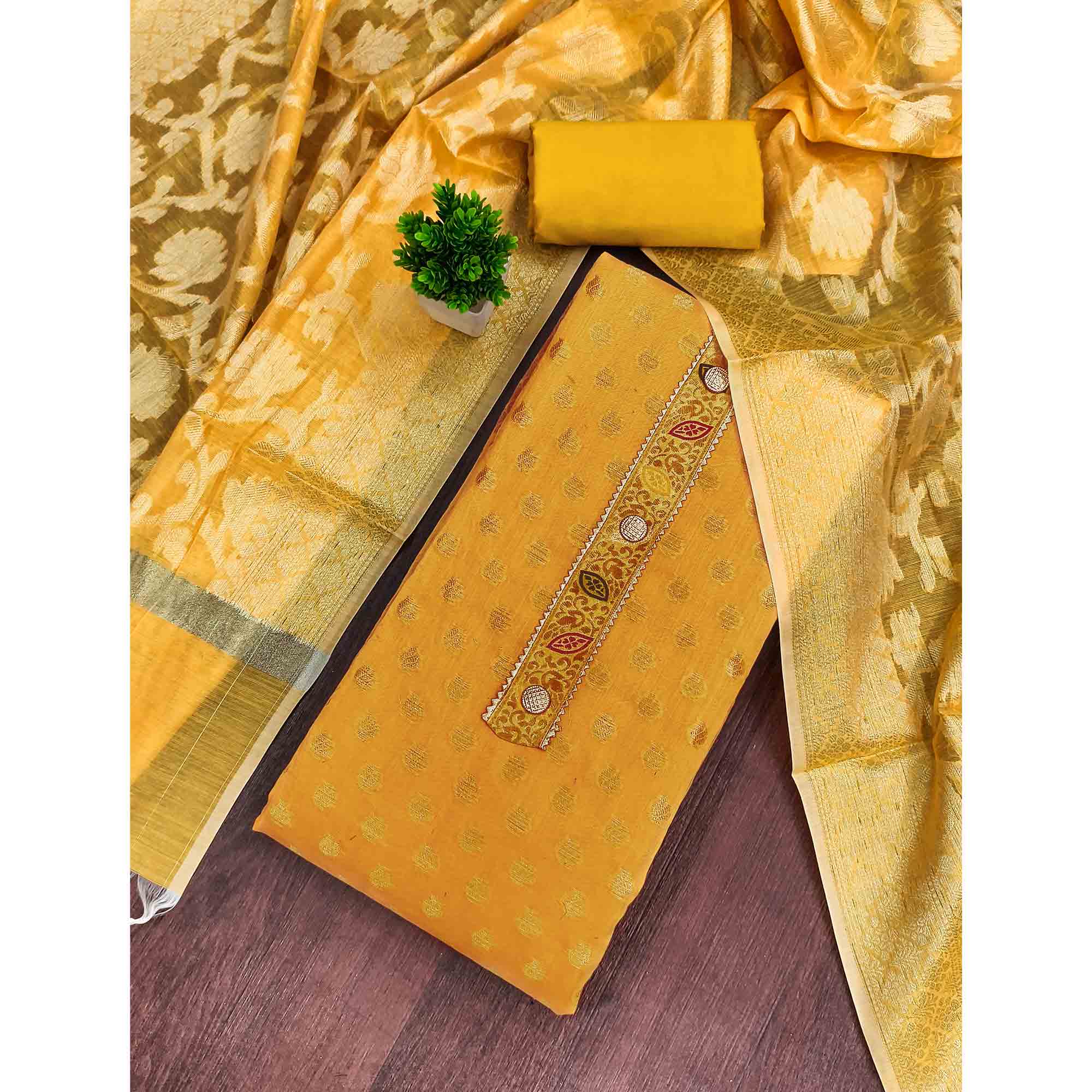 Luxurious Yellow Golden Butti Banarasi Silk Weaving Dress Material With Elegant Neck Work
