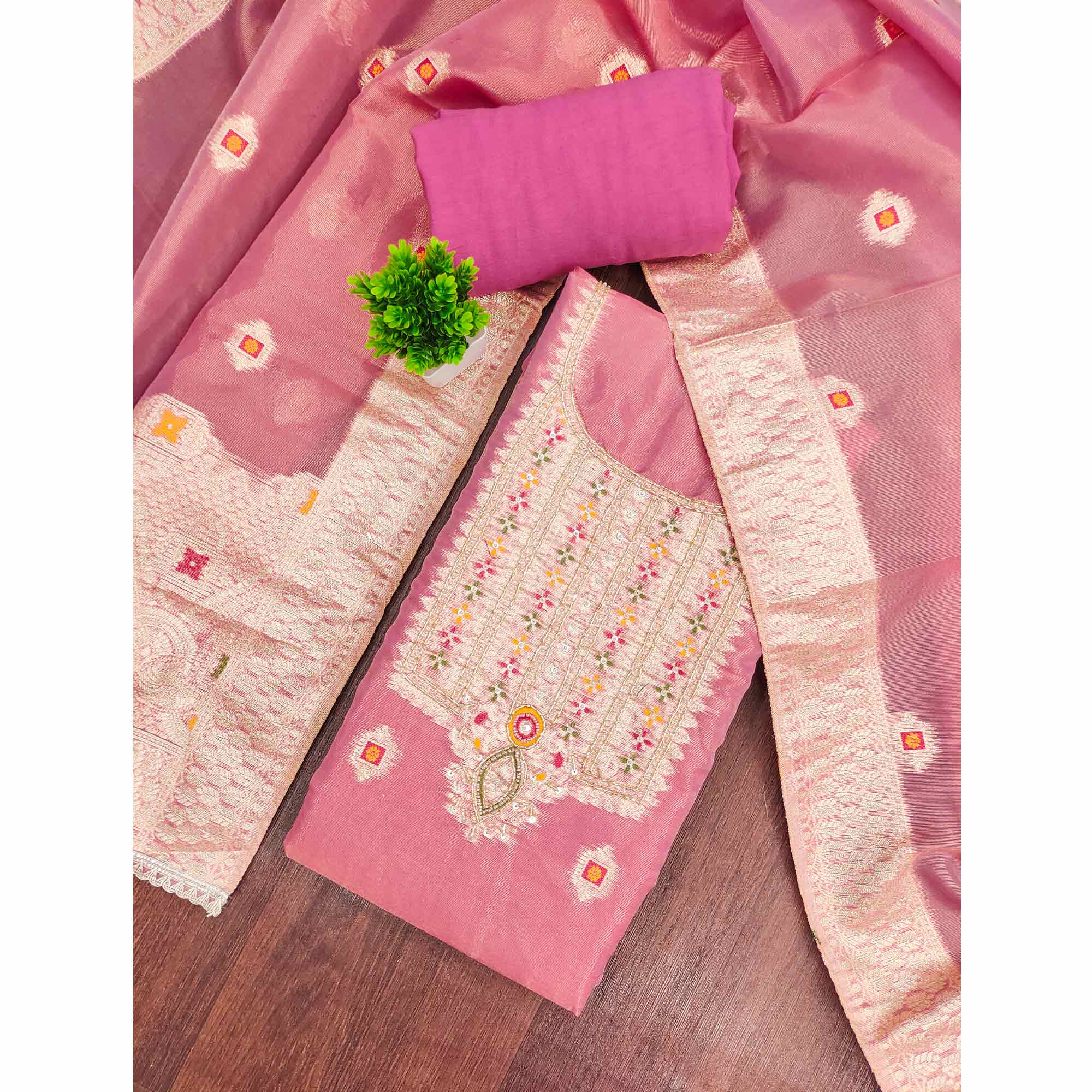 Elegant Pink Floral Weaving Shimmer Banarasi Dress Material With Beads & Sequins Neckline Work