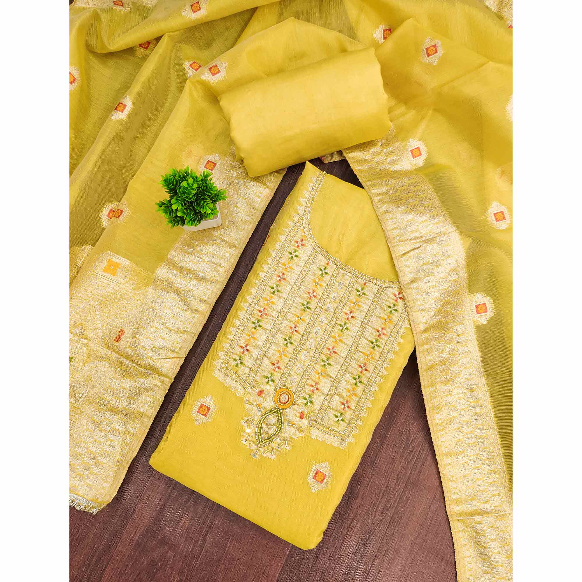 Elegant Yellow Floral Weaving Shimmer Banarasi Dress Material With Beads & Sequins Neckline Work