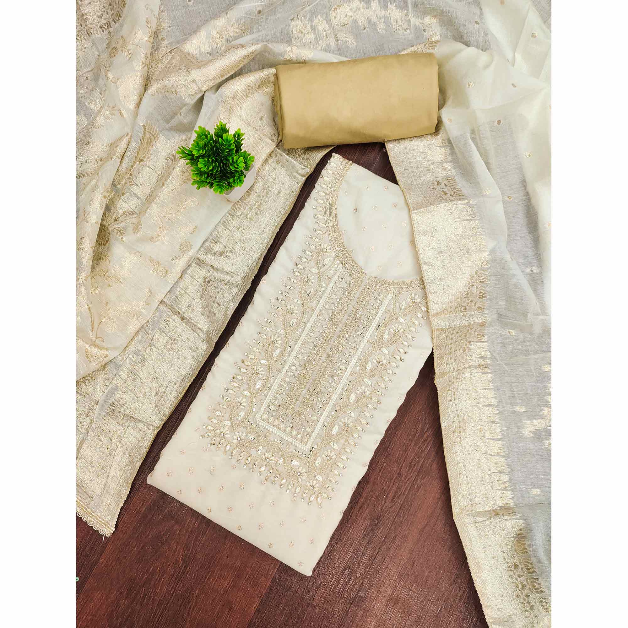 Graceful Cream Cording Embroidery Chanderi Silk Banarasi Dress Material With Sequins & Moti Work