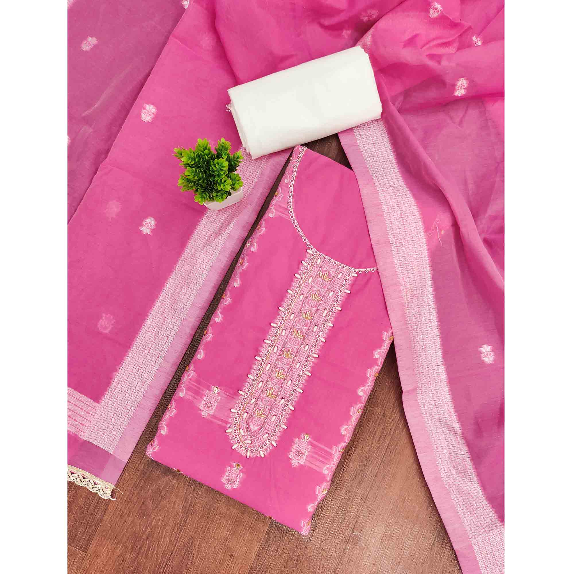 Elegant Pink Floral Weaving Cotton Silk Banarasi Dress Material Adorned With Beads & Stone Work