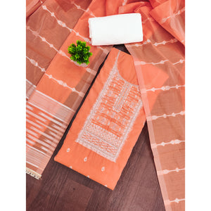Radiant Peach Woven Cotton Silk Banarasi Dress Material Adorned With Moti & Sequins Handwork
