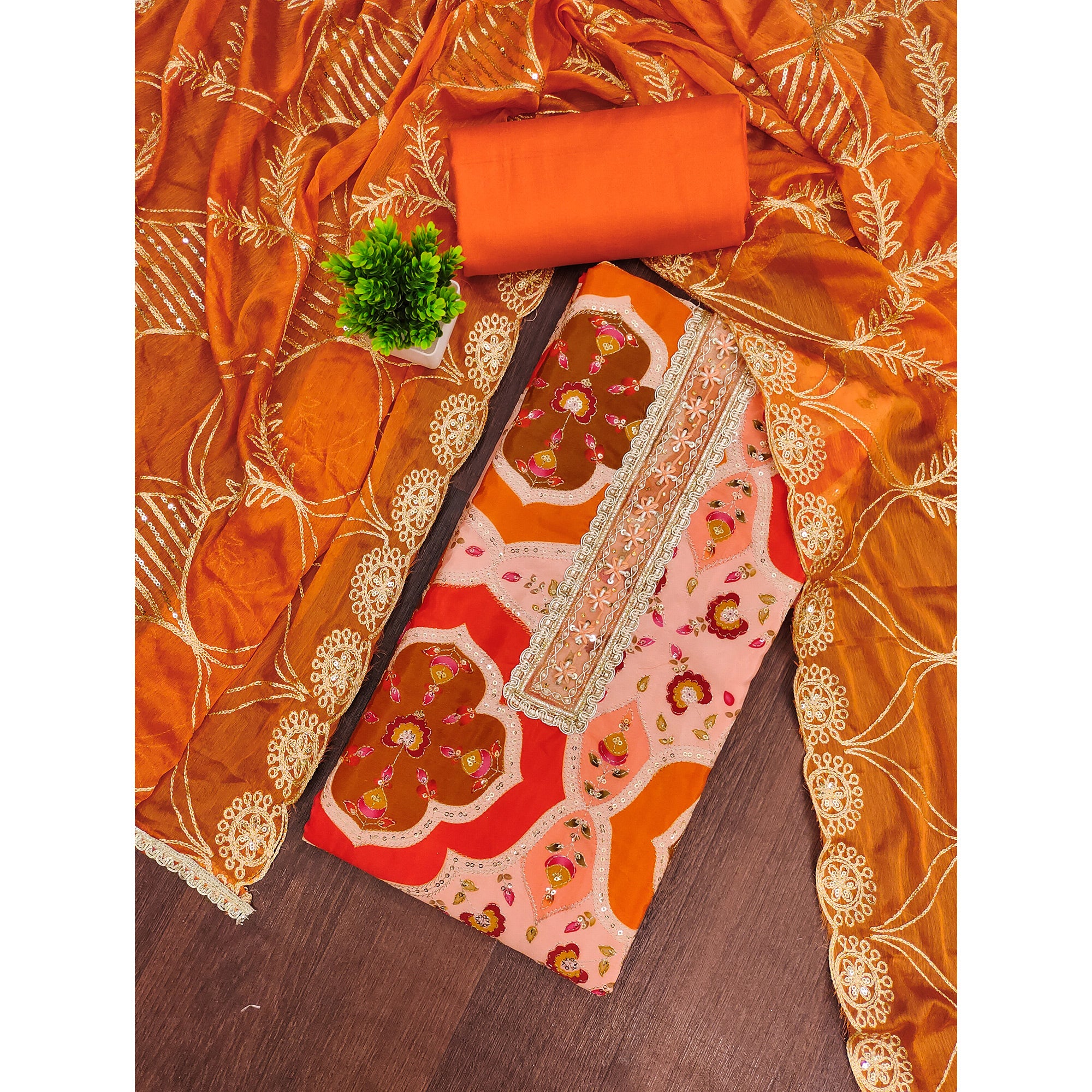 Classic Orange Floral Digital Printed Viscose Dress Material With Sequins Embroidery & Moti Handwork