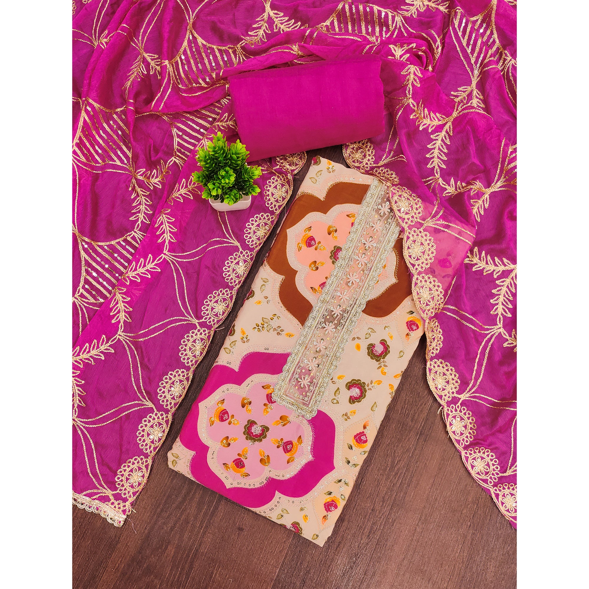 Classic Peach Floral Digital Printed Viscose Dress Material With Sequins Embroidery & Moti Handwork