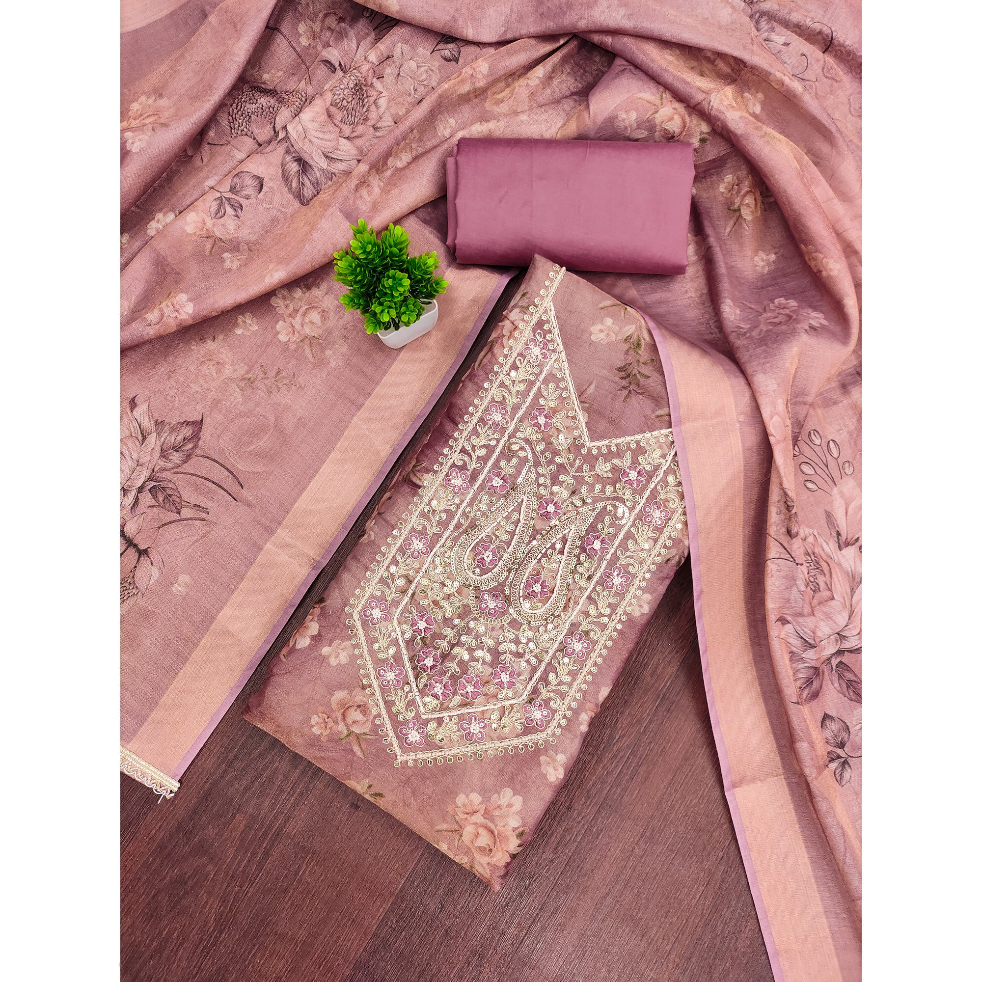 Classic Mauve Floral Digital Printed Viscose Dress Material With Sequins Embroidery & Moti Handwork