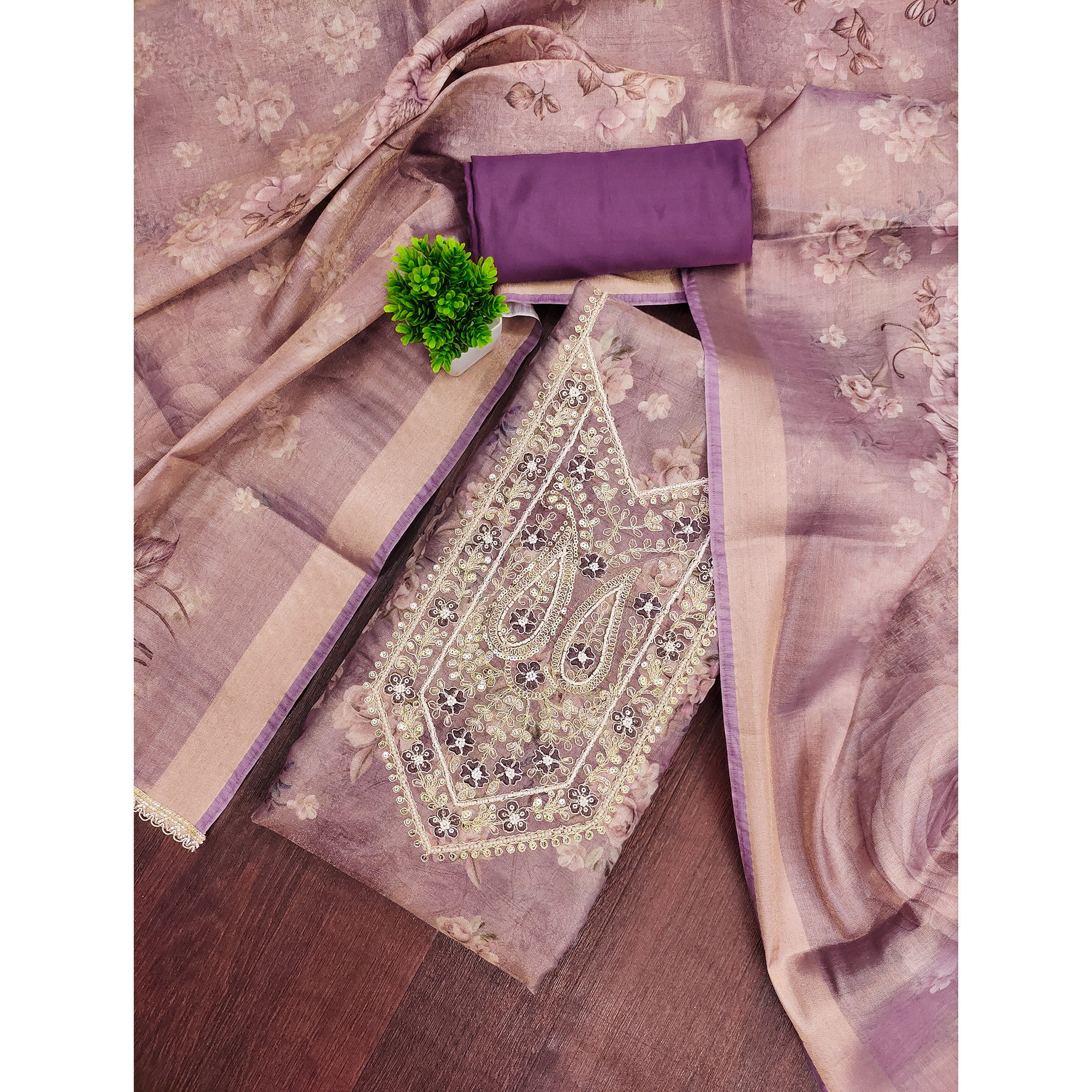 Classic Purple Floral Digital Printed Viscose Dress Material With Sequins Embroidery & Moti Handwork