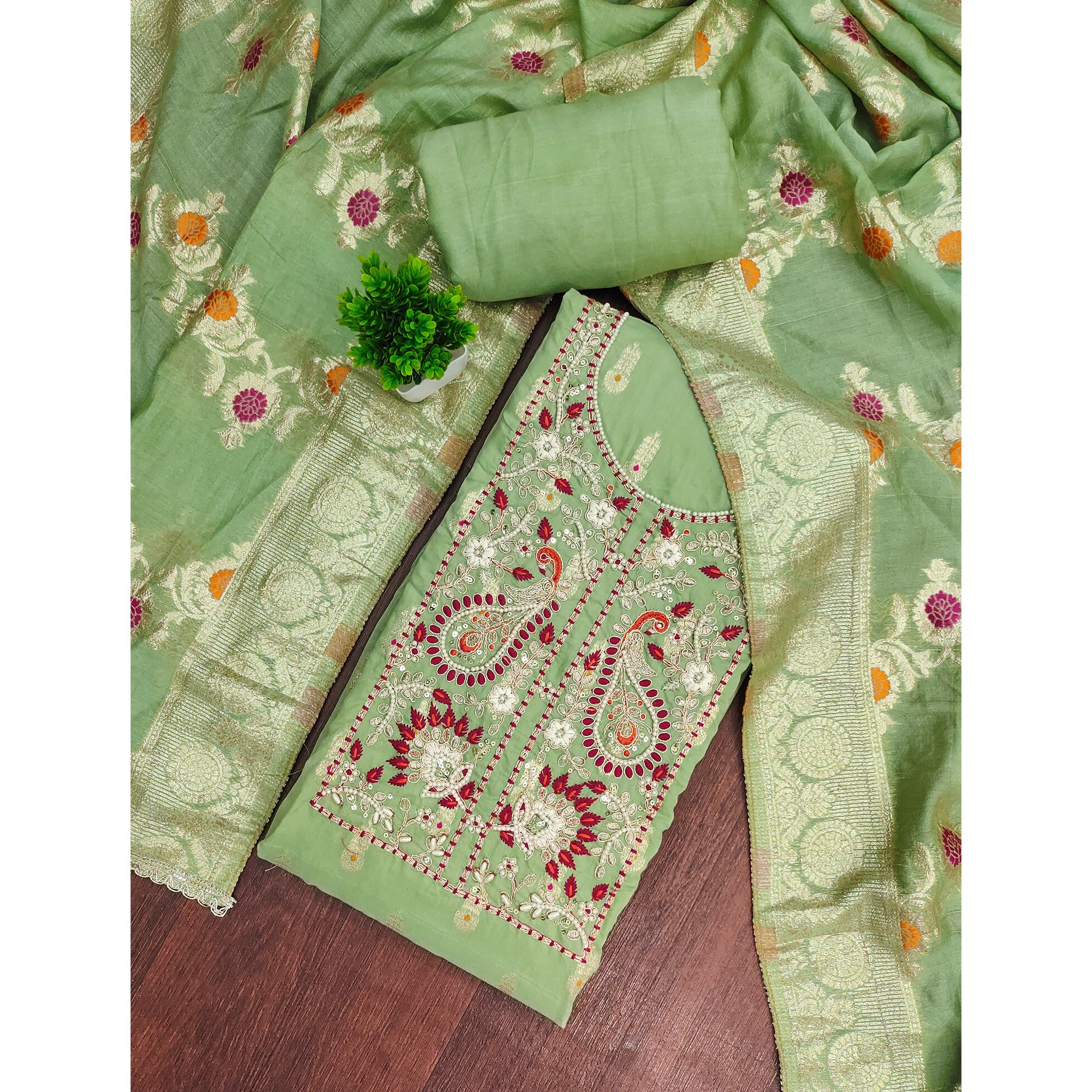 Timeless Mint Green Floral Weaving Muslin Dress Material With Elegant Sequins Embroidery & Moti Work