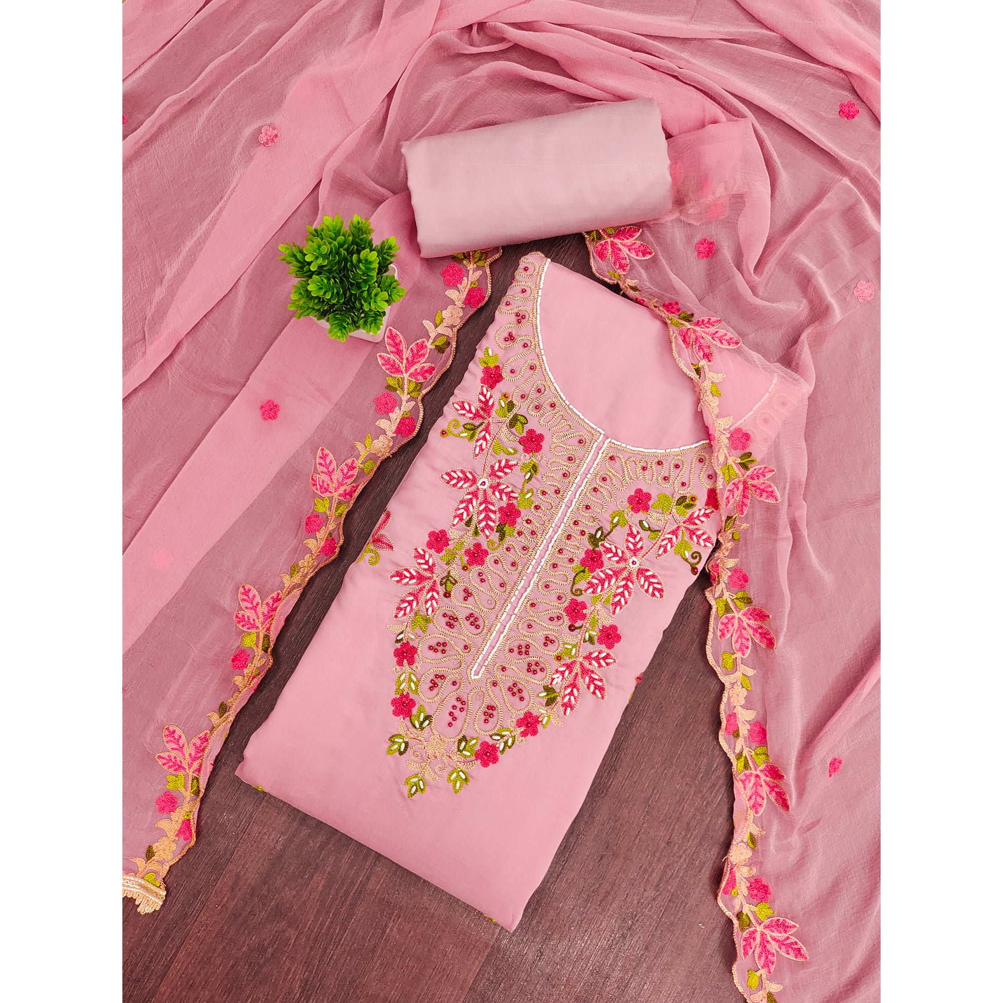 Charming Peach Floral Embroidery Cotton Silk Dress Material Enhanced With Elegant Moti Handwork