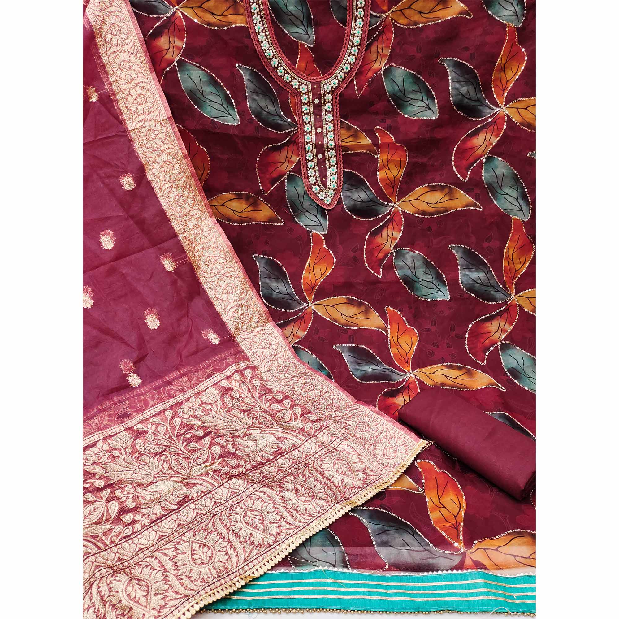 Maroon Floral Printed With Hand Embroidered Organza Dress Material