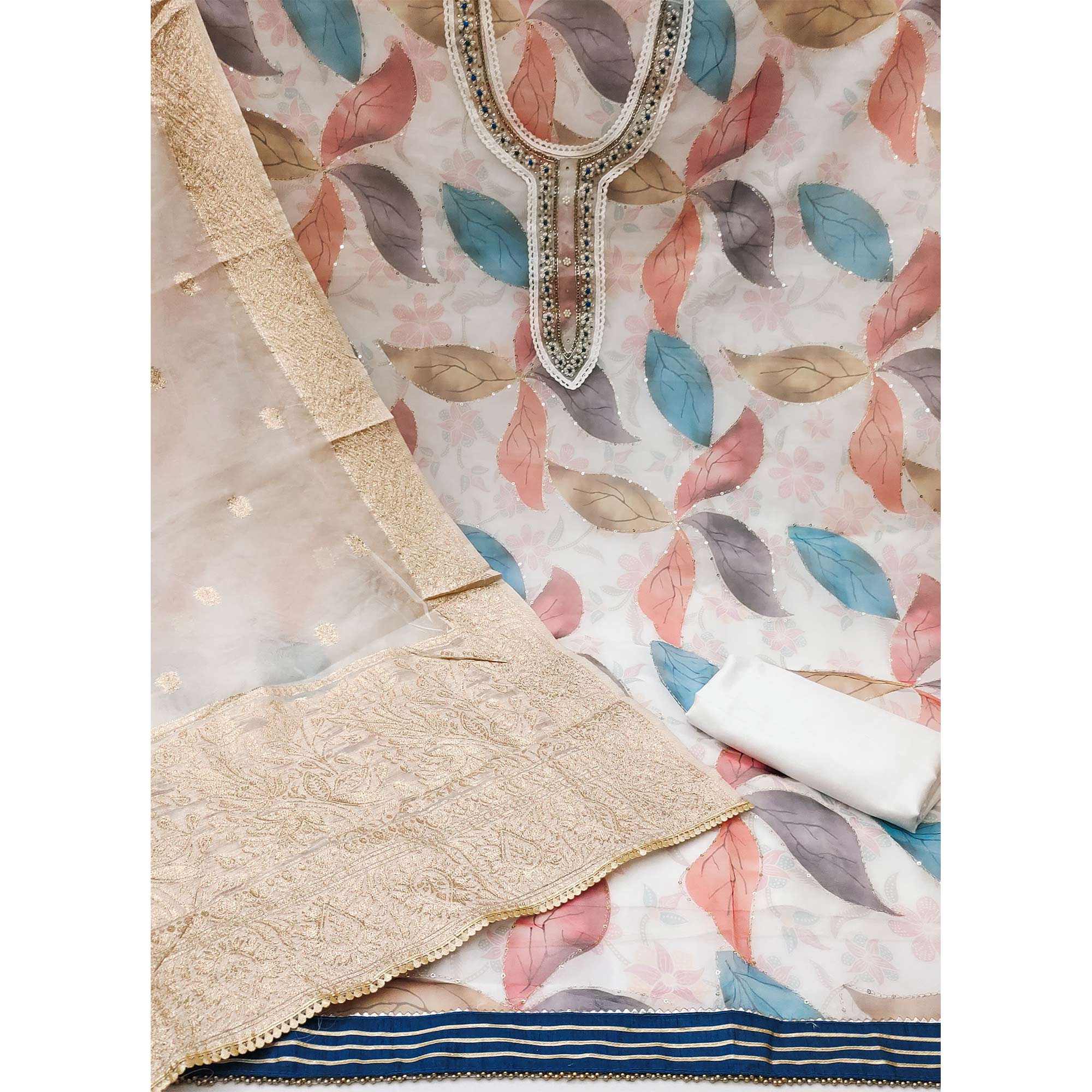 White Floral Printed With Hand Embroidered Organza Dress Material