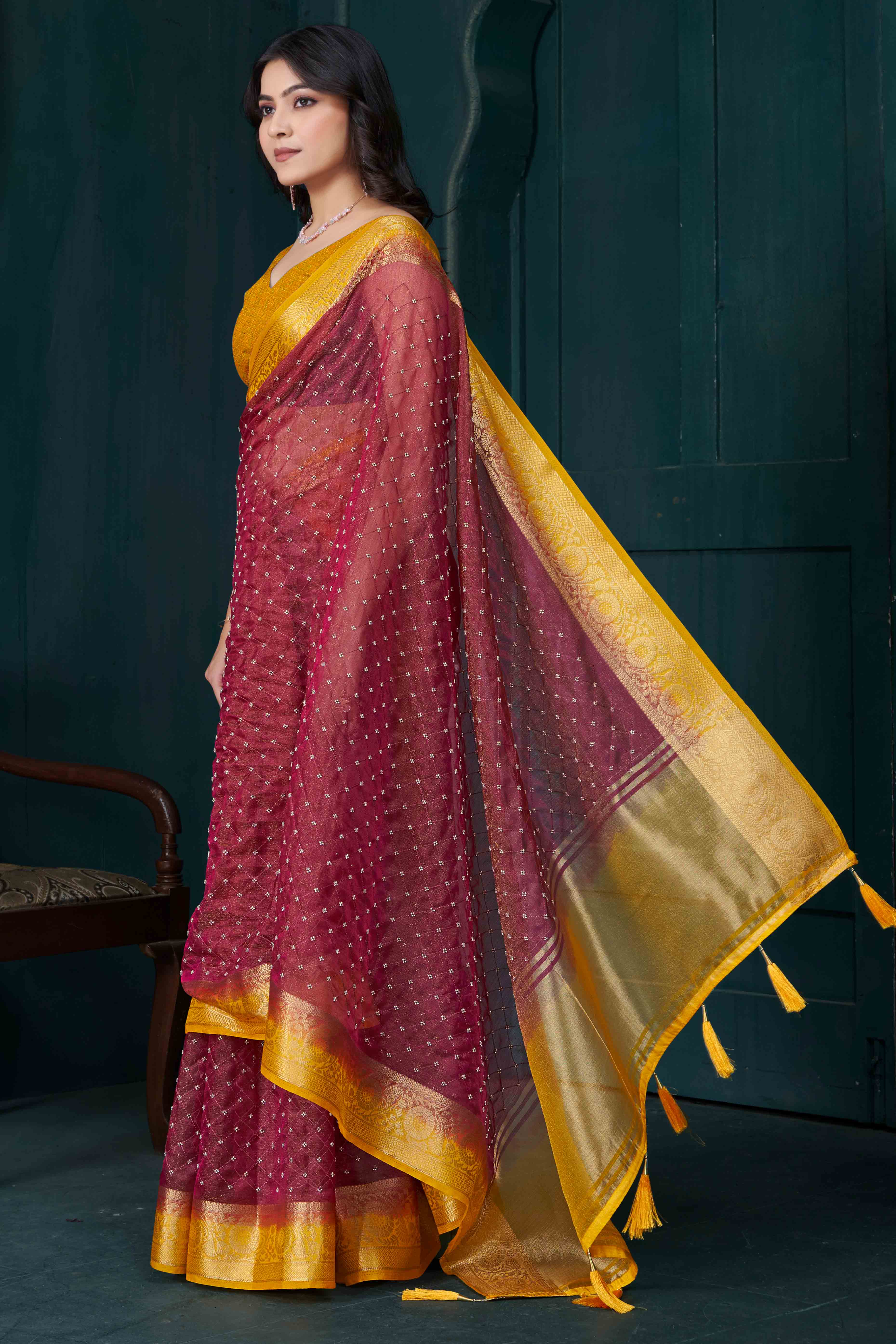 Maroon Jacquard Saree With Intricate Beads Handwork & Floral Weaving Border