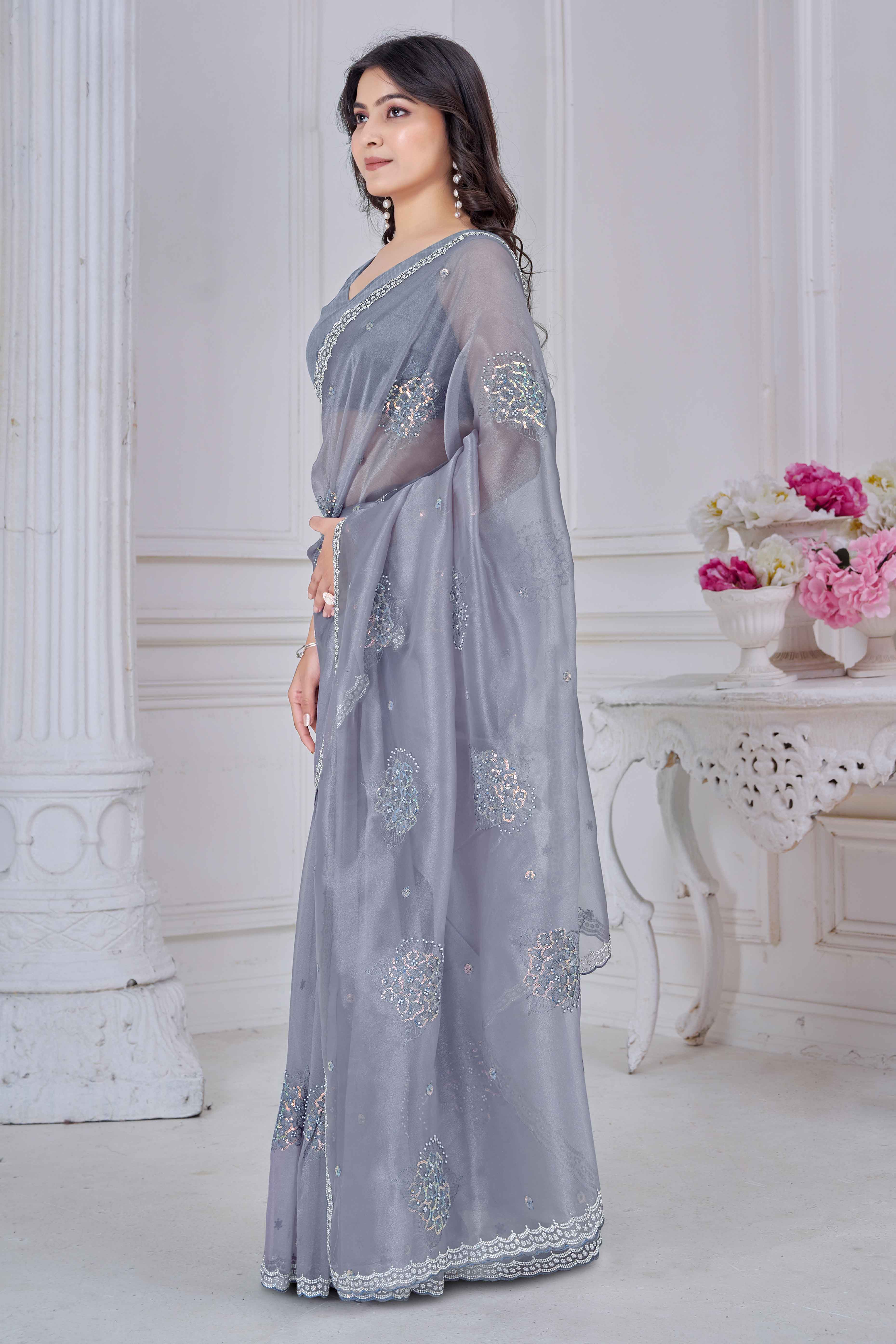 Greyish Blue Sequins & Moti Work Organza Saree With Elegant Zarkan Border Detailing