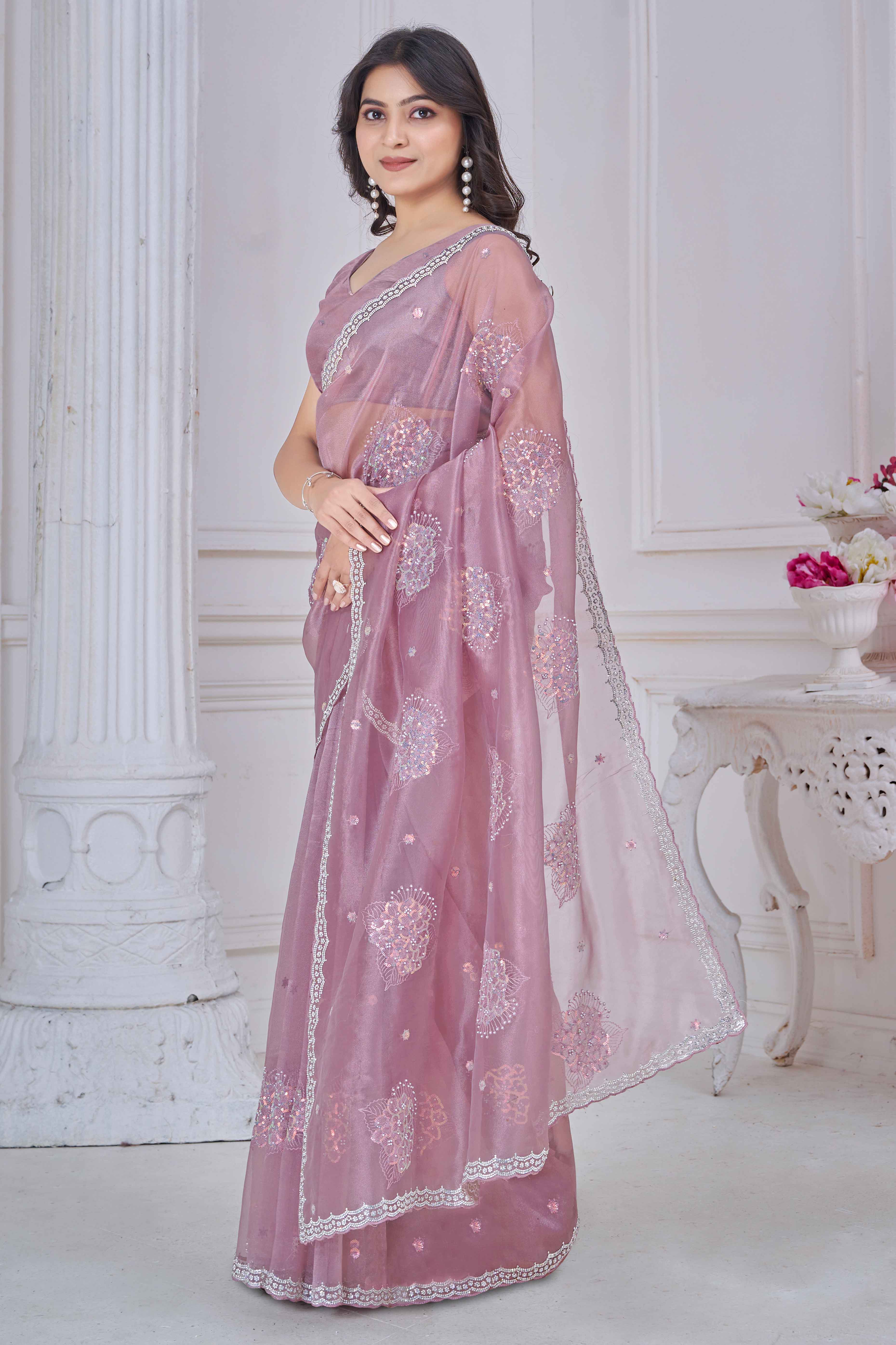 Mauve Sequins & Moti Work Organza Saree With Elegant Zarkan Border Detailing