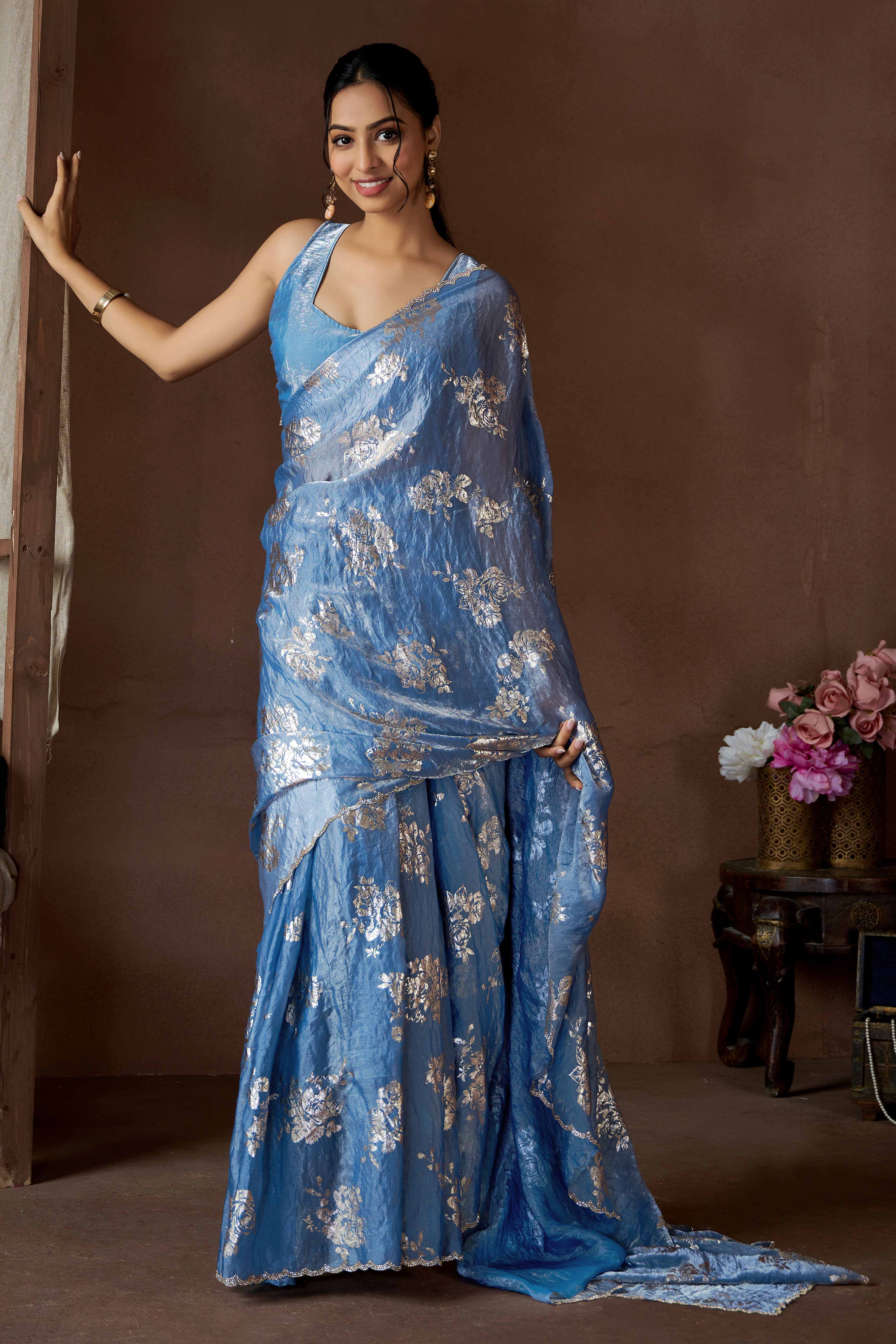 Blue Floral Foil Printed Satin Silk Saree With Zarkan Border