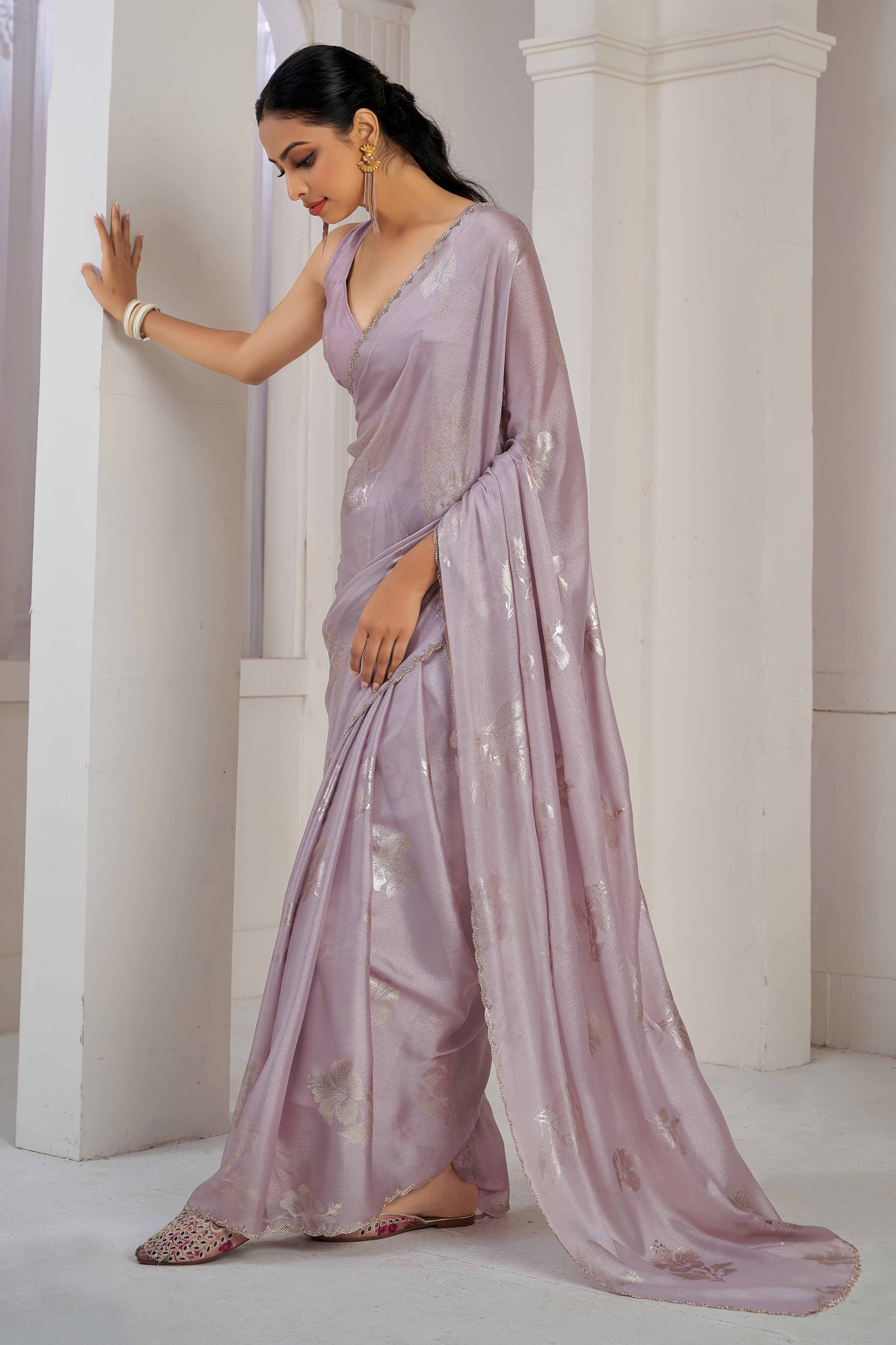 Lavender Floral Printed Stone Work Satin Saree
