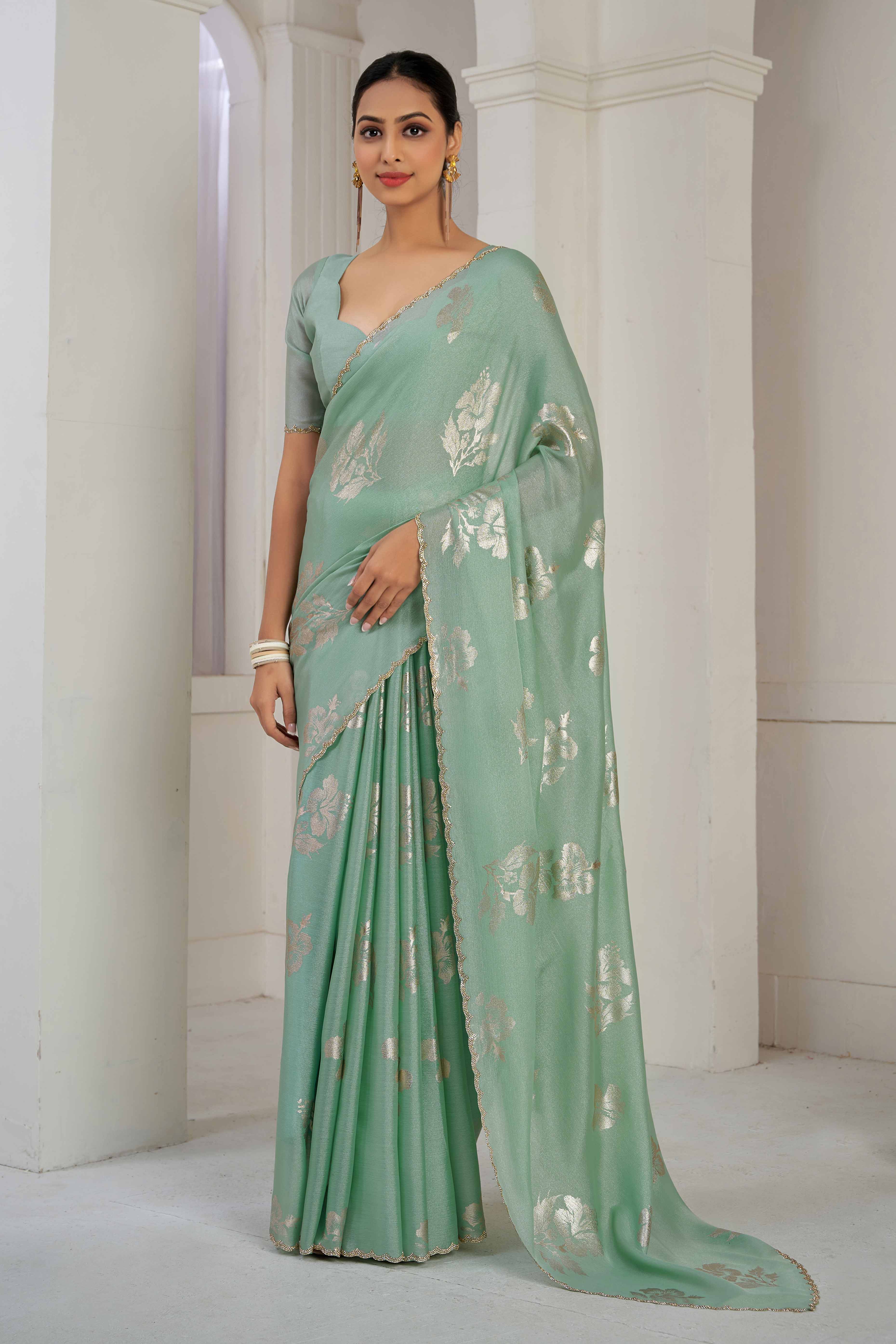 Green Floral Printed Stone Work Satin Saree