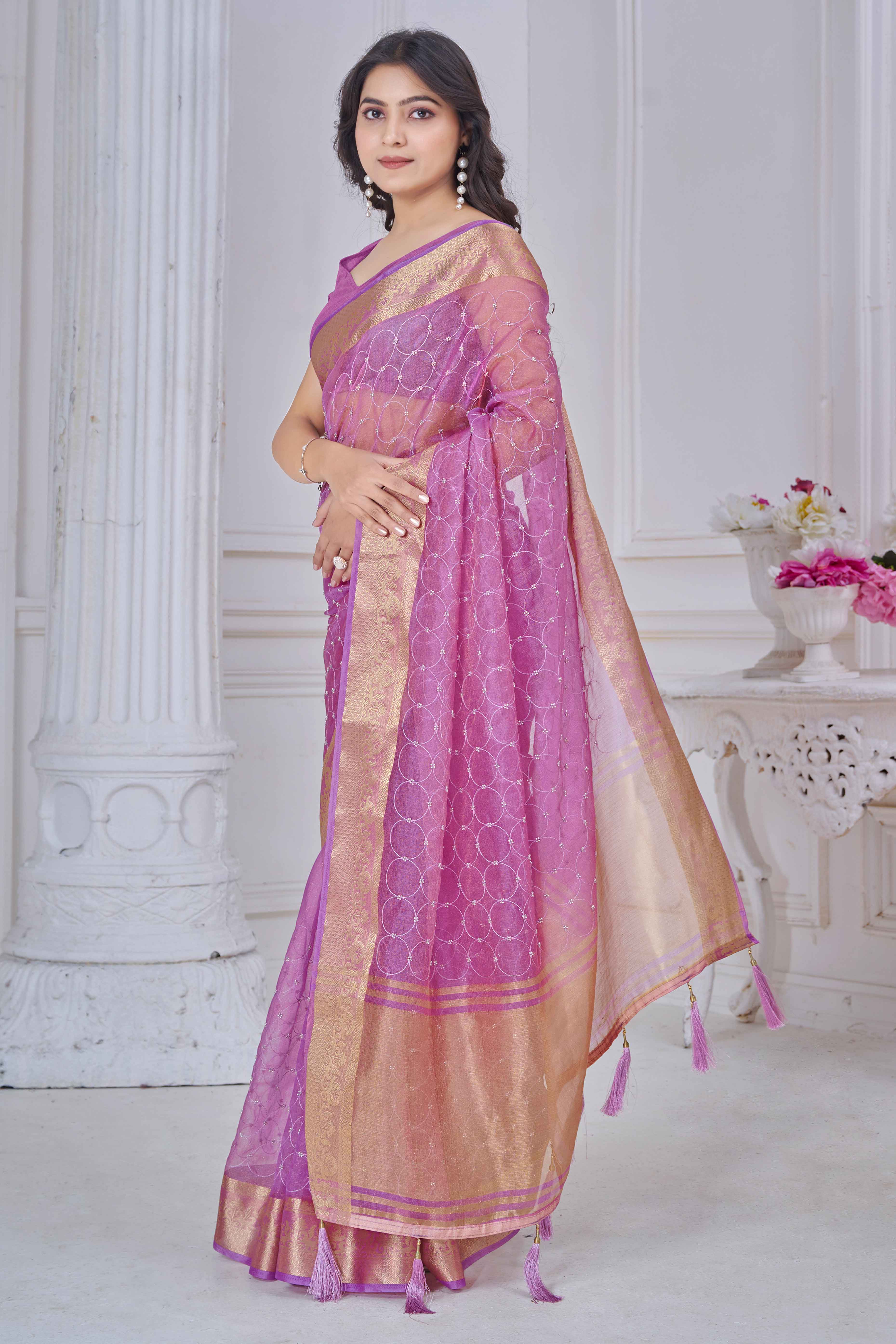 Purple Pure Jacquard Saree Weaving with Delicate Beads and Embroidery