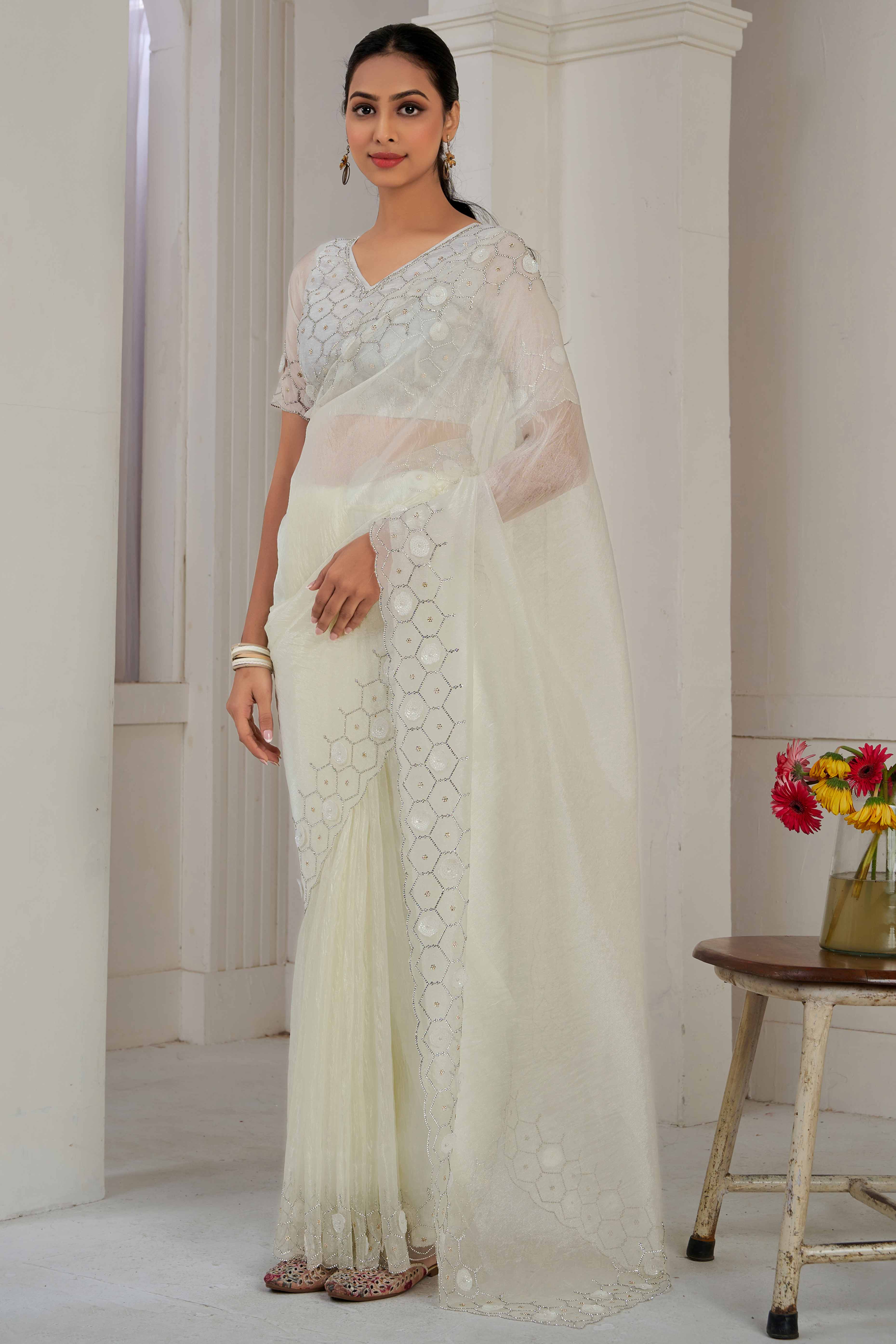 White Stone Work Soft Organza Saree