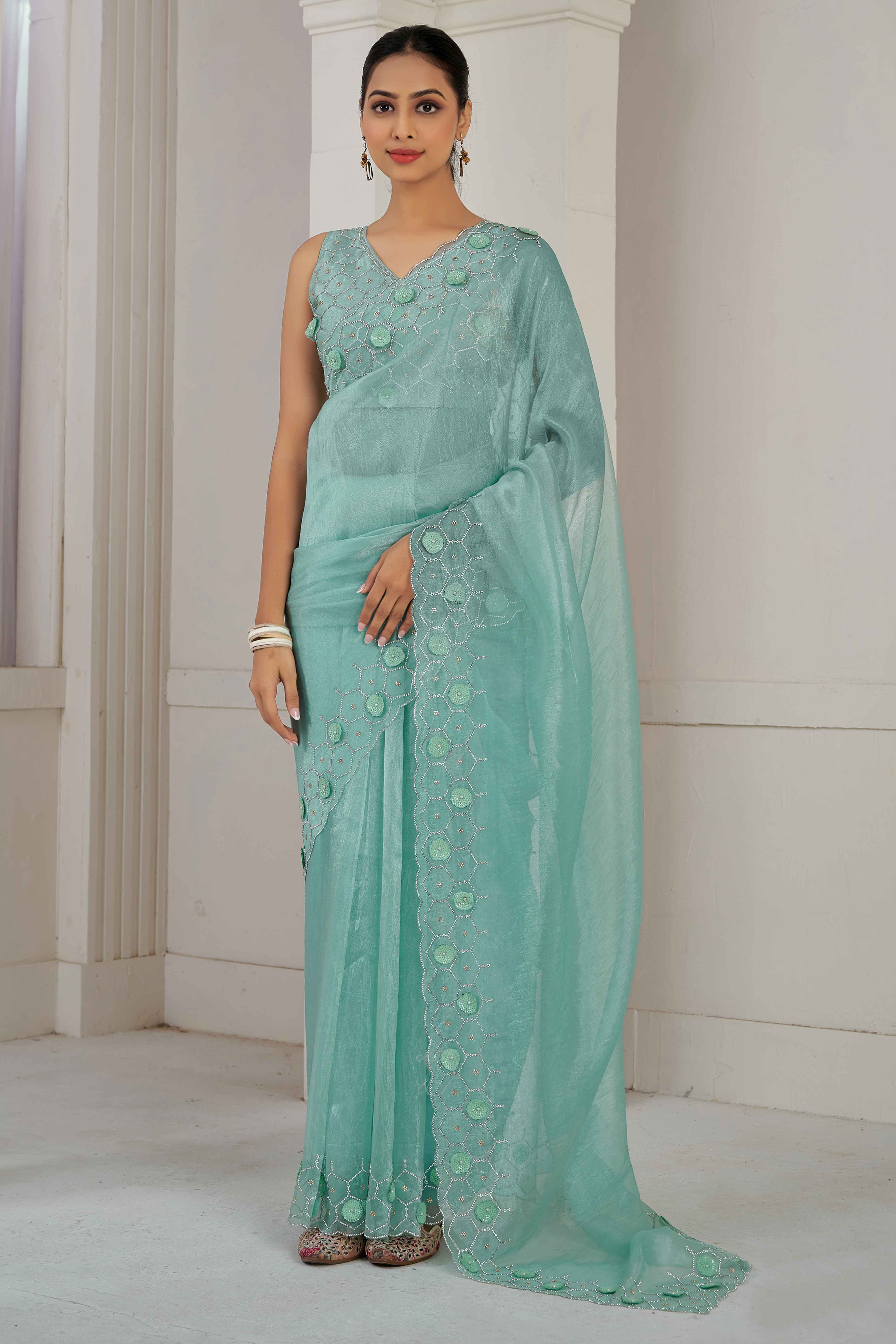 Turquoise Stone Work Soft Organza Saree