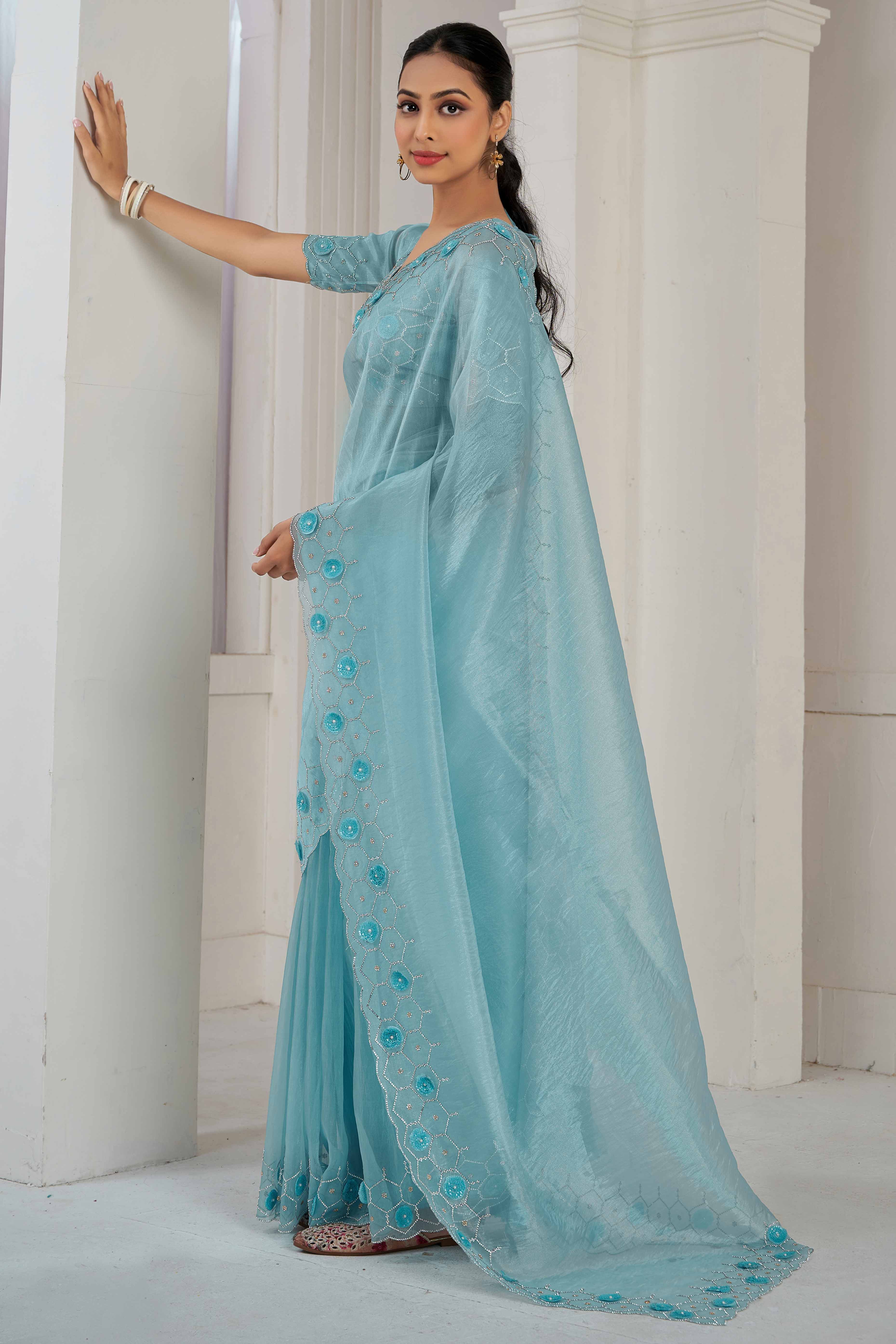 Sky Blue Stone Work Soft Organza Saree