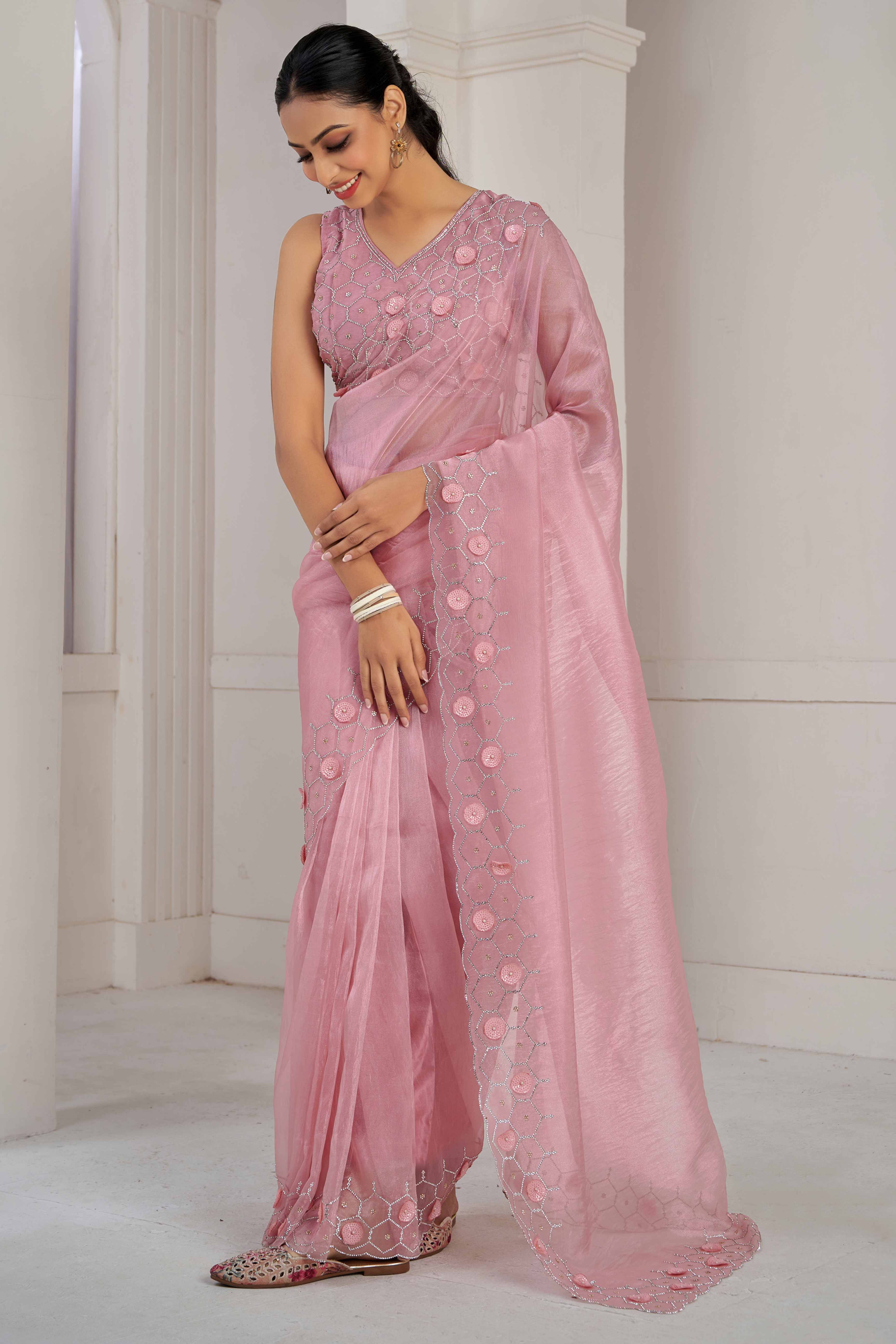 Peach Stone Work Soft Organza Saree