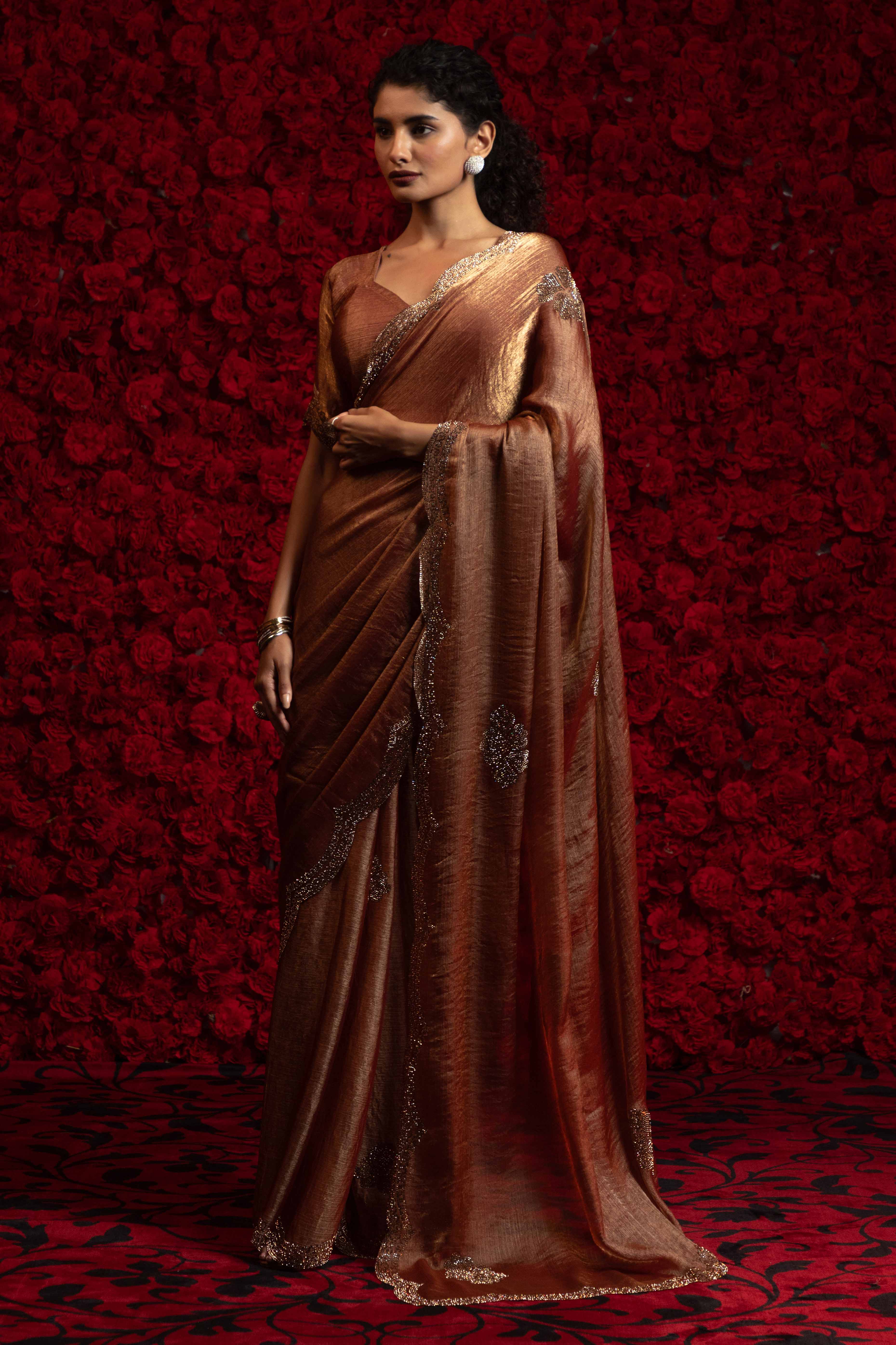 Brown Stone Work Embellished Satin Chiffon Partywear Saree