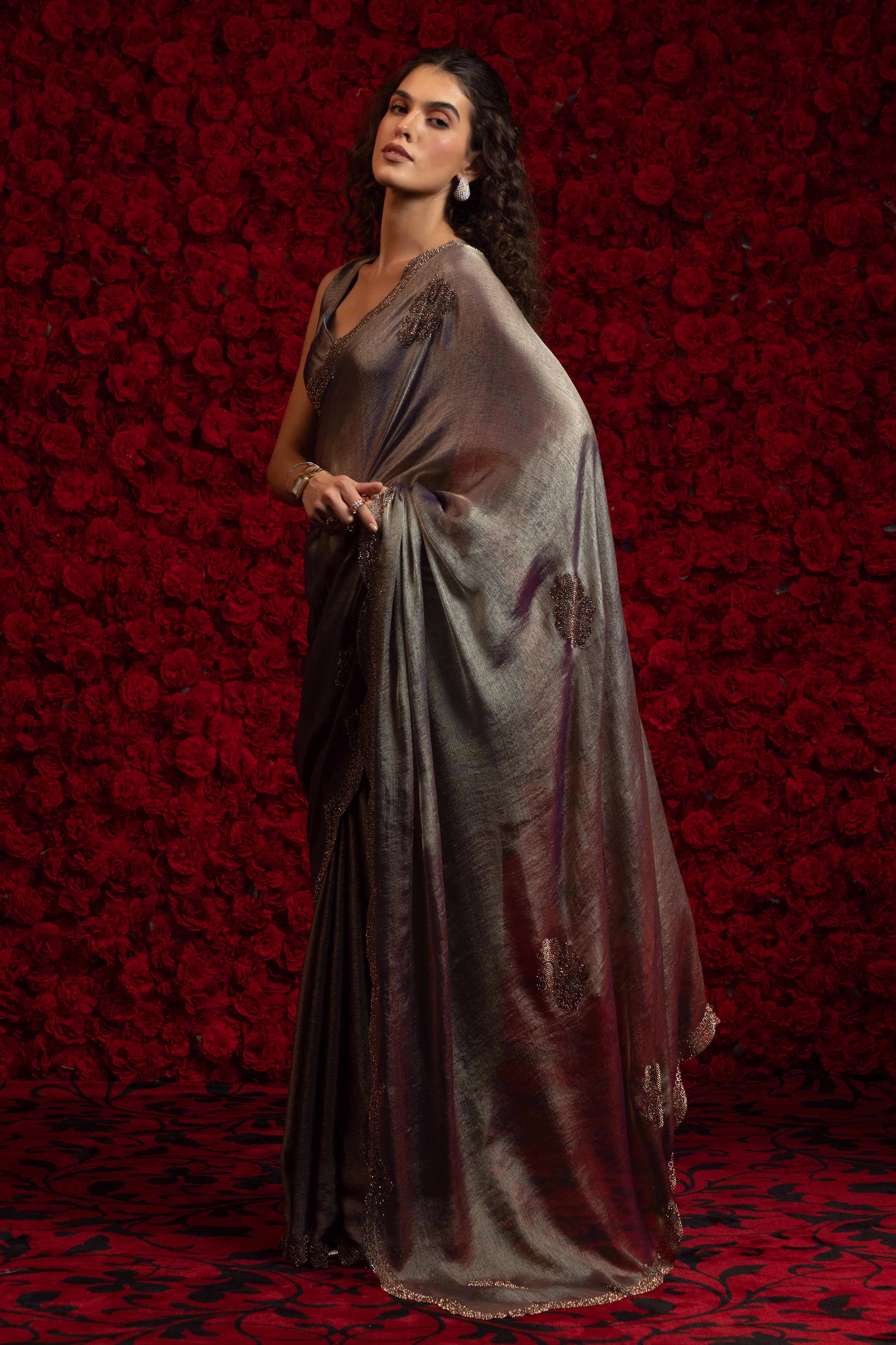Charcoal Grey Stone Work Embellished Satin Chiffon Partywear Saree