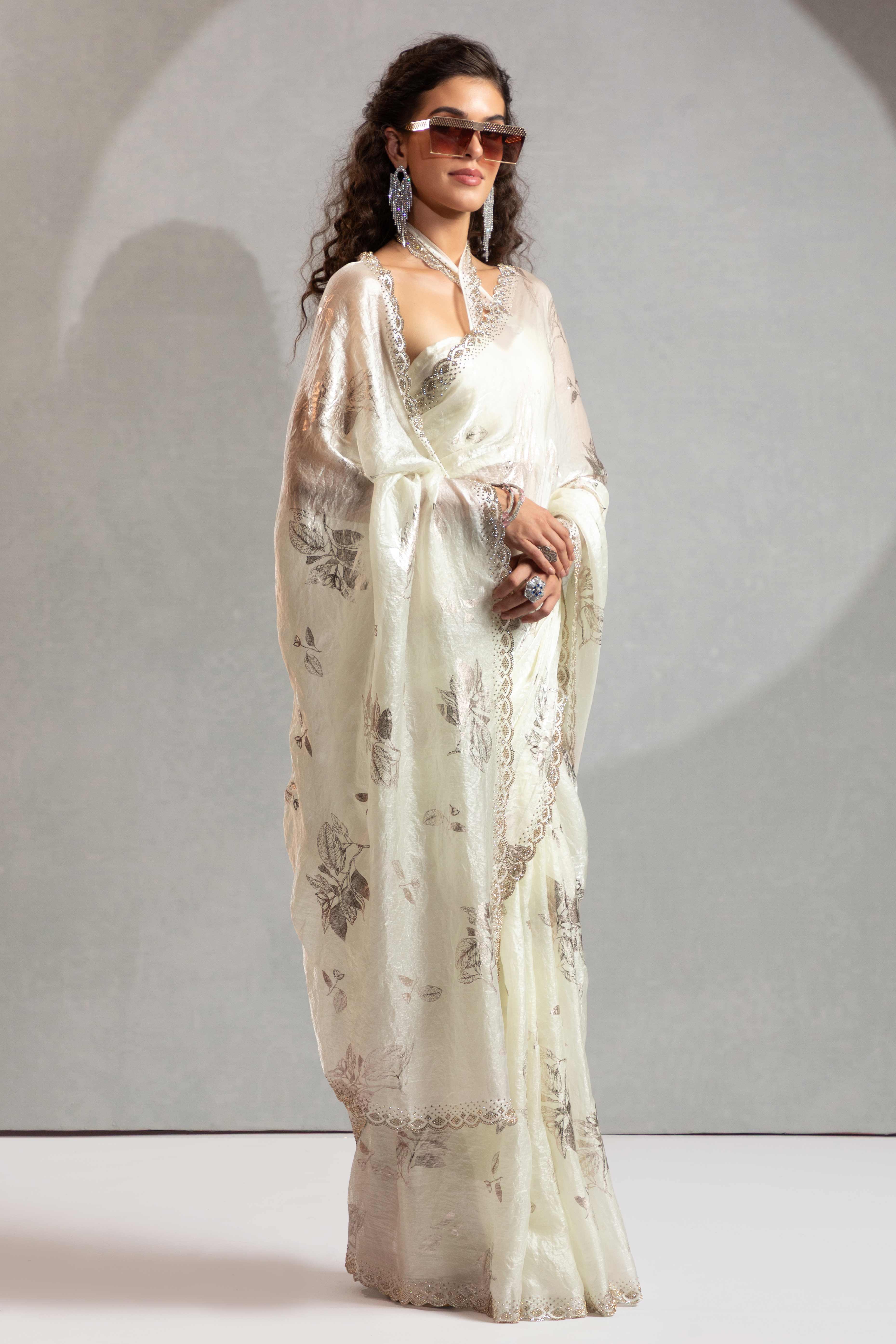 Designer Off White Satin Silk Saree Adorned with Foil & Stone Embellishments