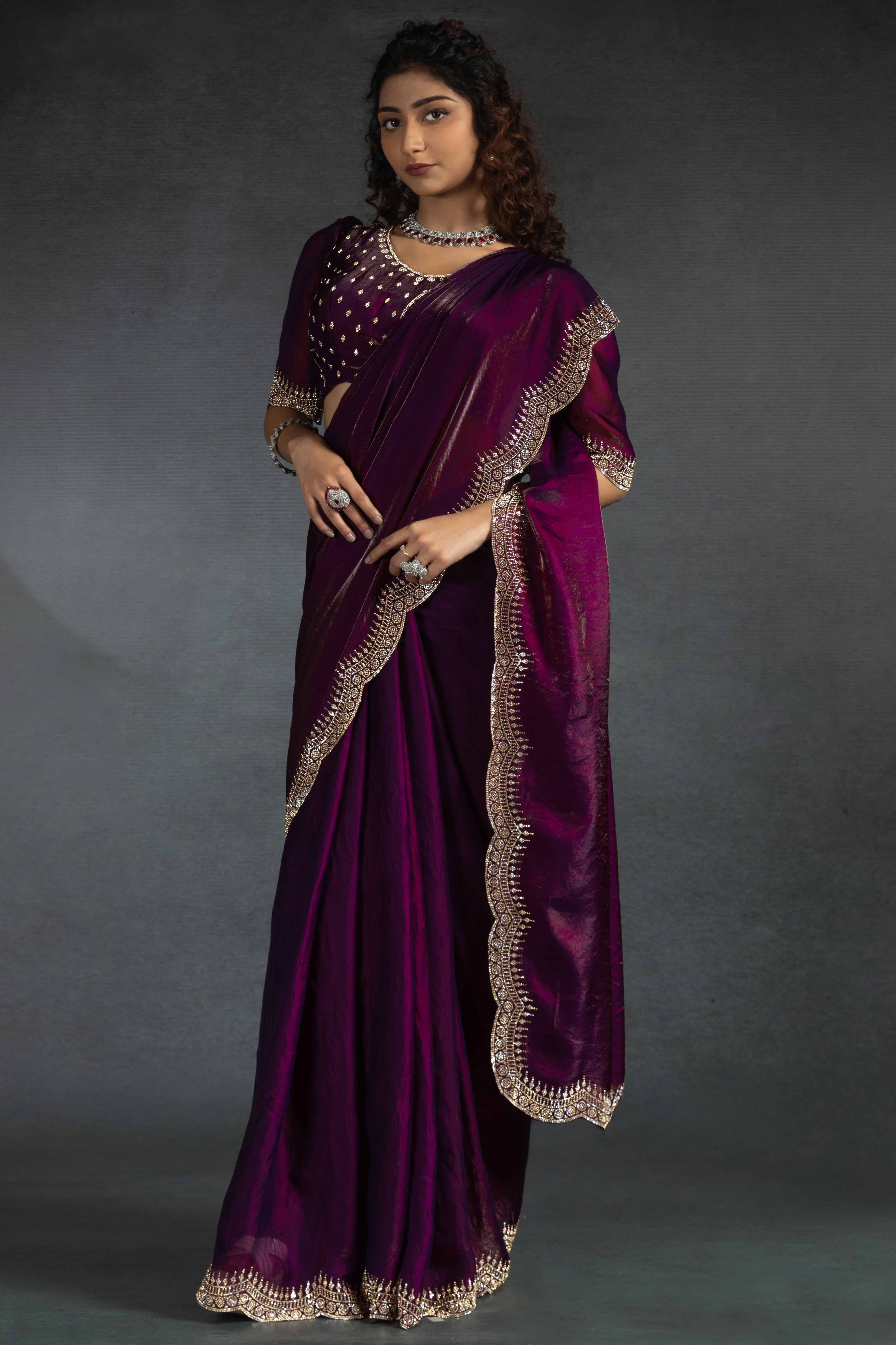 Magenta Satin Saree Embellished with Stones for a Party Look
