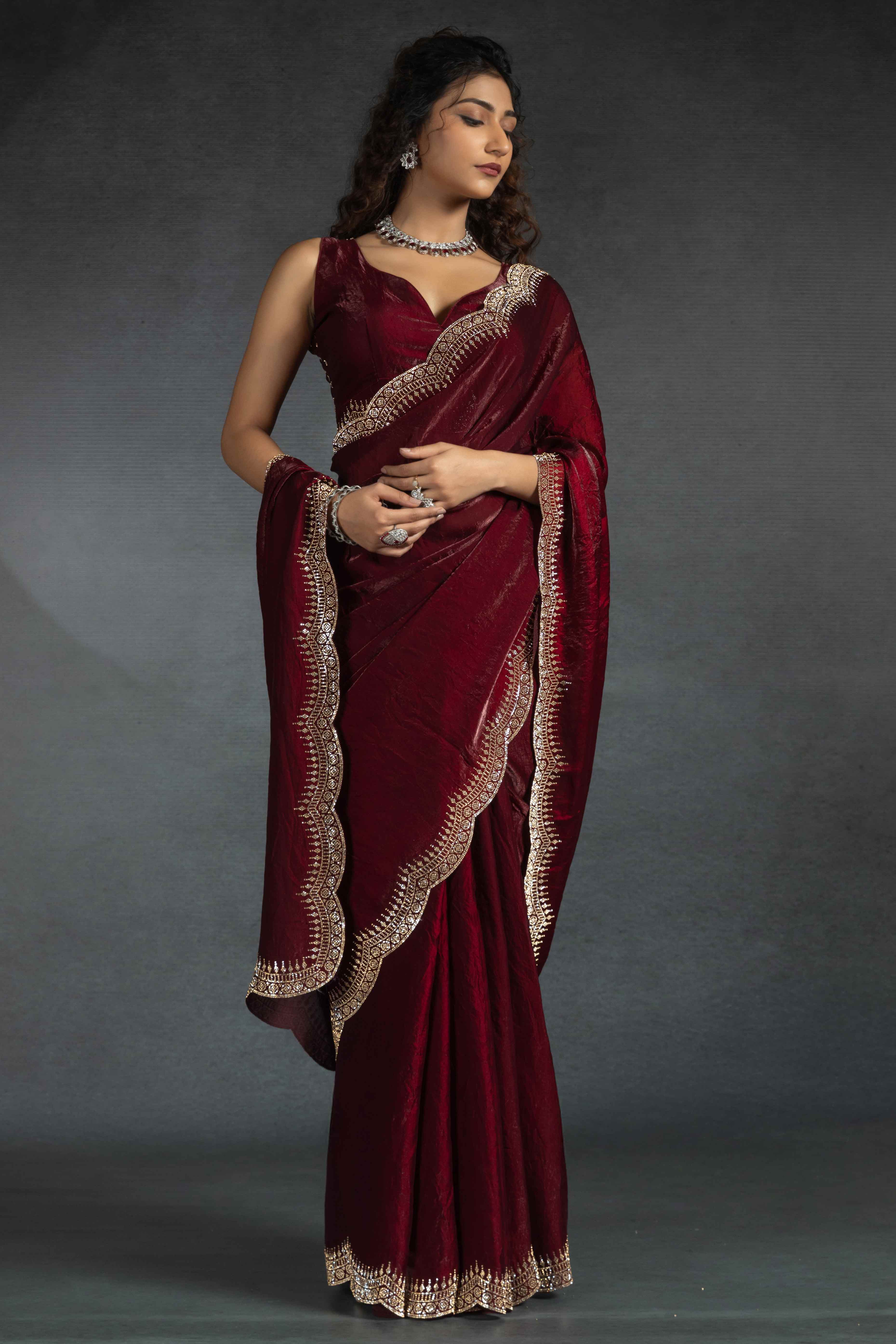 Maroon Satin Saree Embellished with Stones for a Party Look