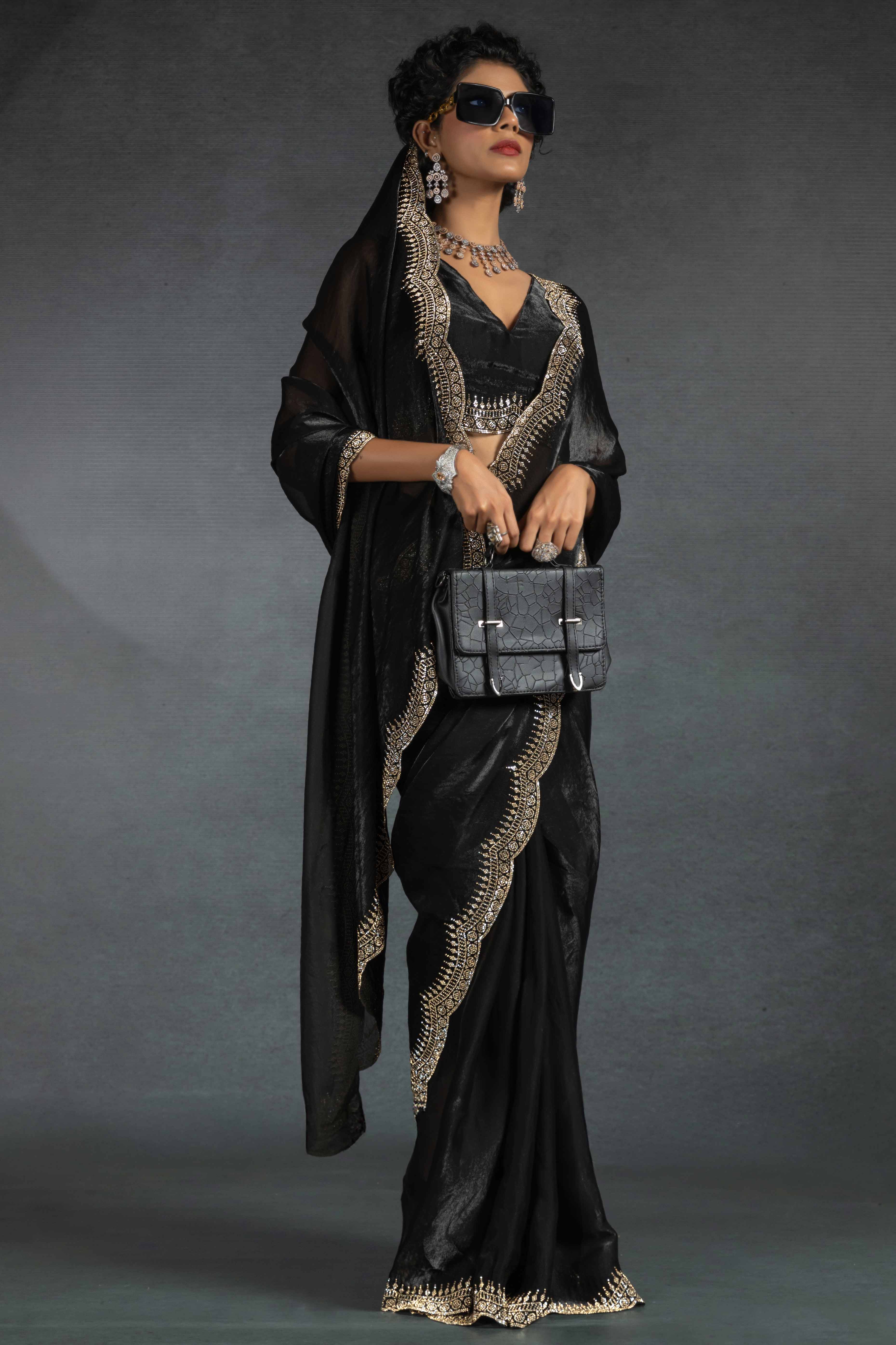 Black Satin Saree Embellished with Stones for a Party Look